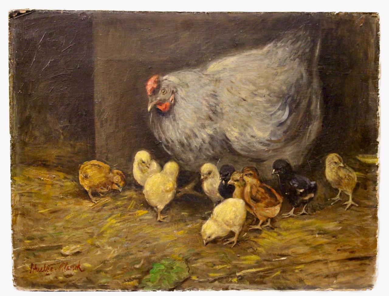 Fritz Schulze-Blank - Henne mit Küken, Öl auf Karton im Angebot 3