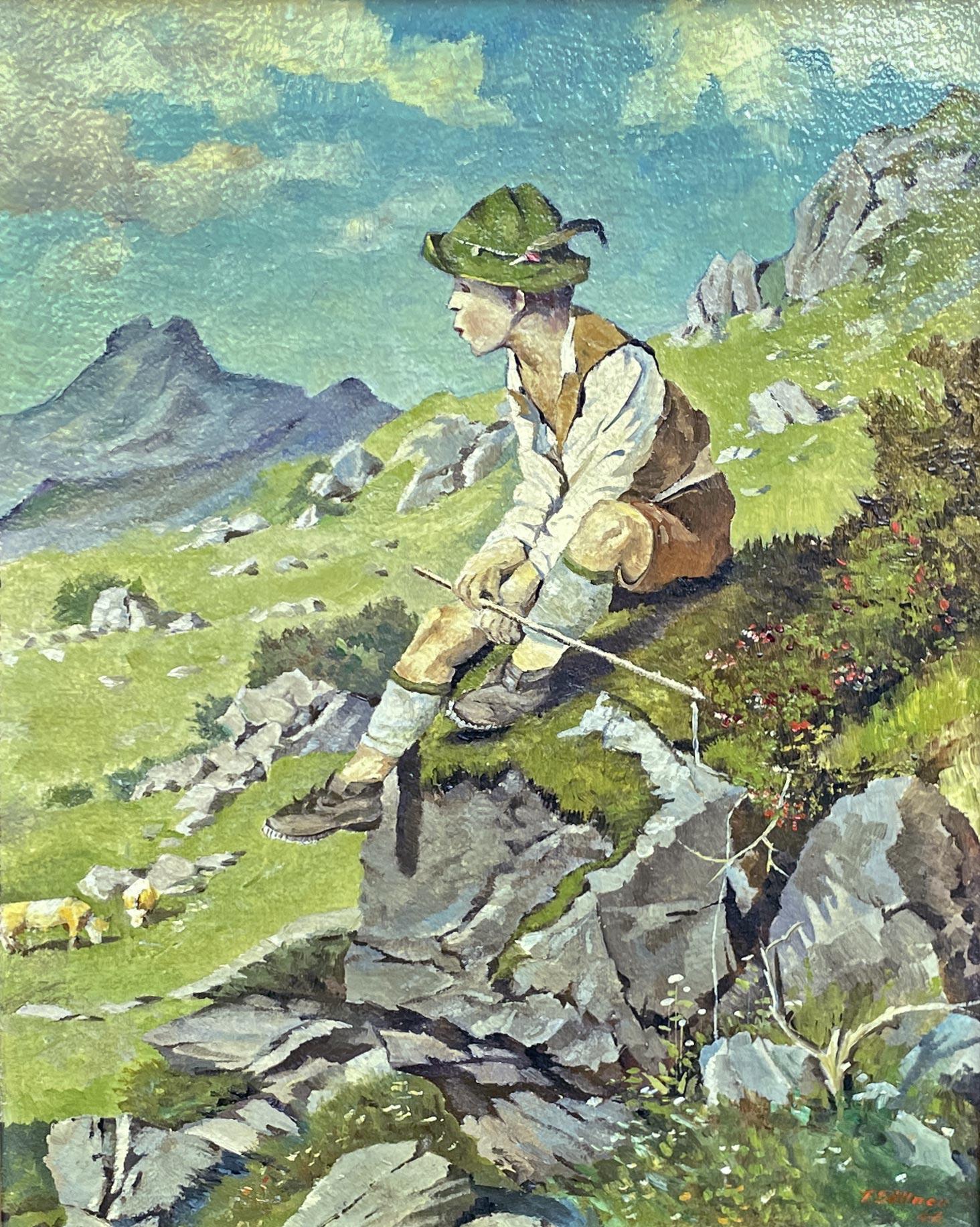 Fritz Sollner – Shepherd
SKU: QR06
cm40 x cm30 without frame
cm52 x cm42 with frame
oil on canvas – 1947

It is a quiet summer day and a young shepherd, after having led the herds to the highest pastures, is resting, sitting on a rock.
The flowers