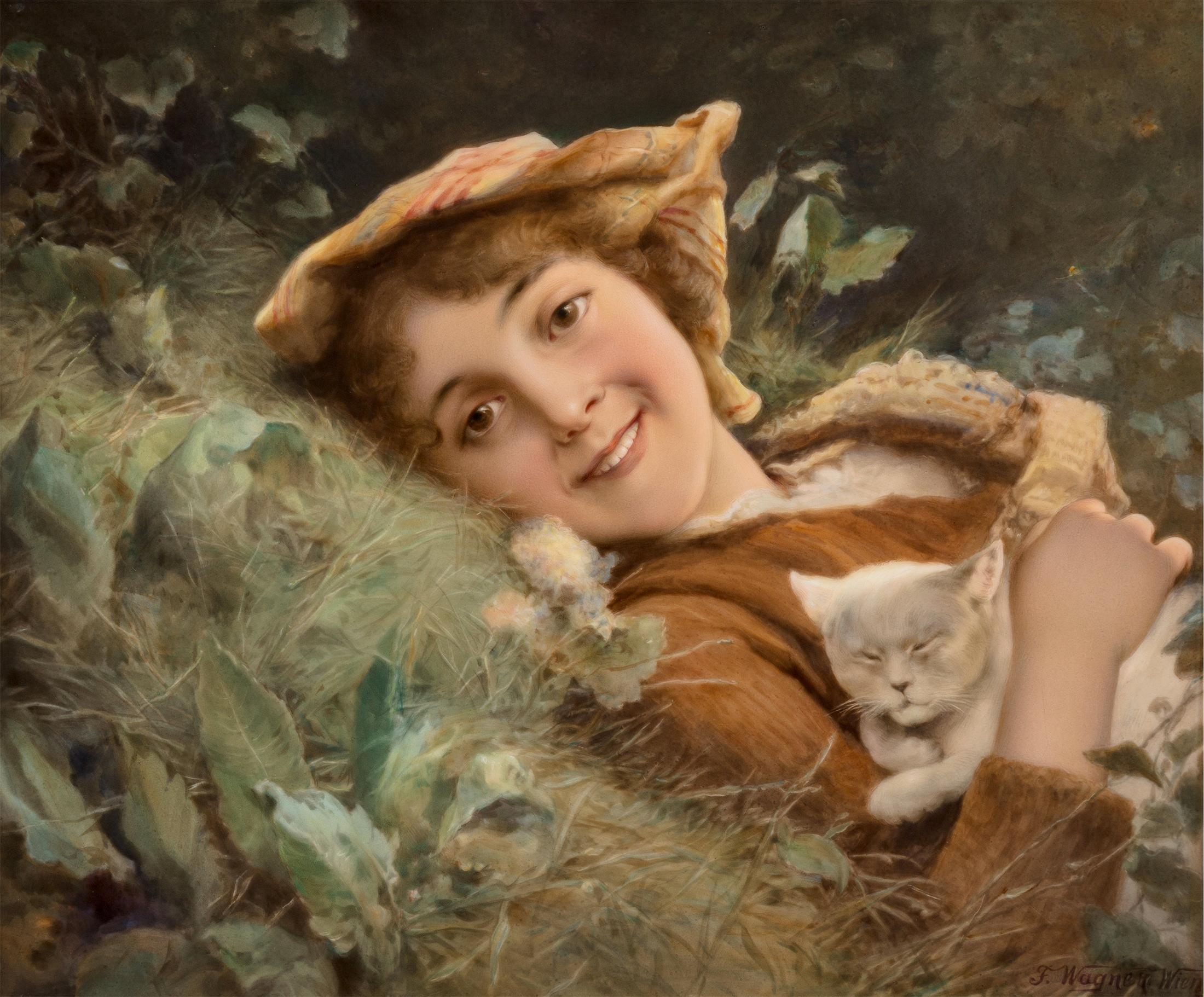 Plaque en porcelaine de K.P.M. représentant un portrait d'une jeune fille et d'un chaton - Painting de Fritz Wagner