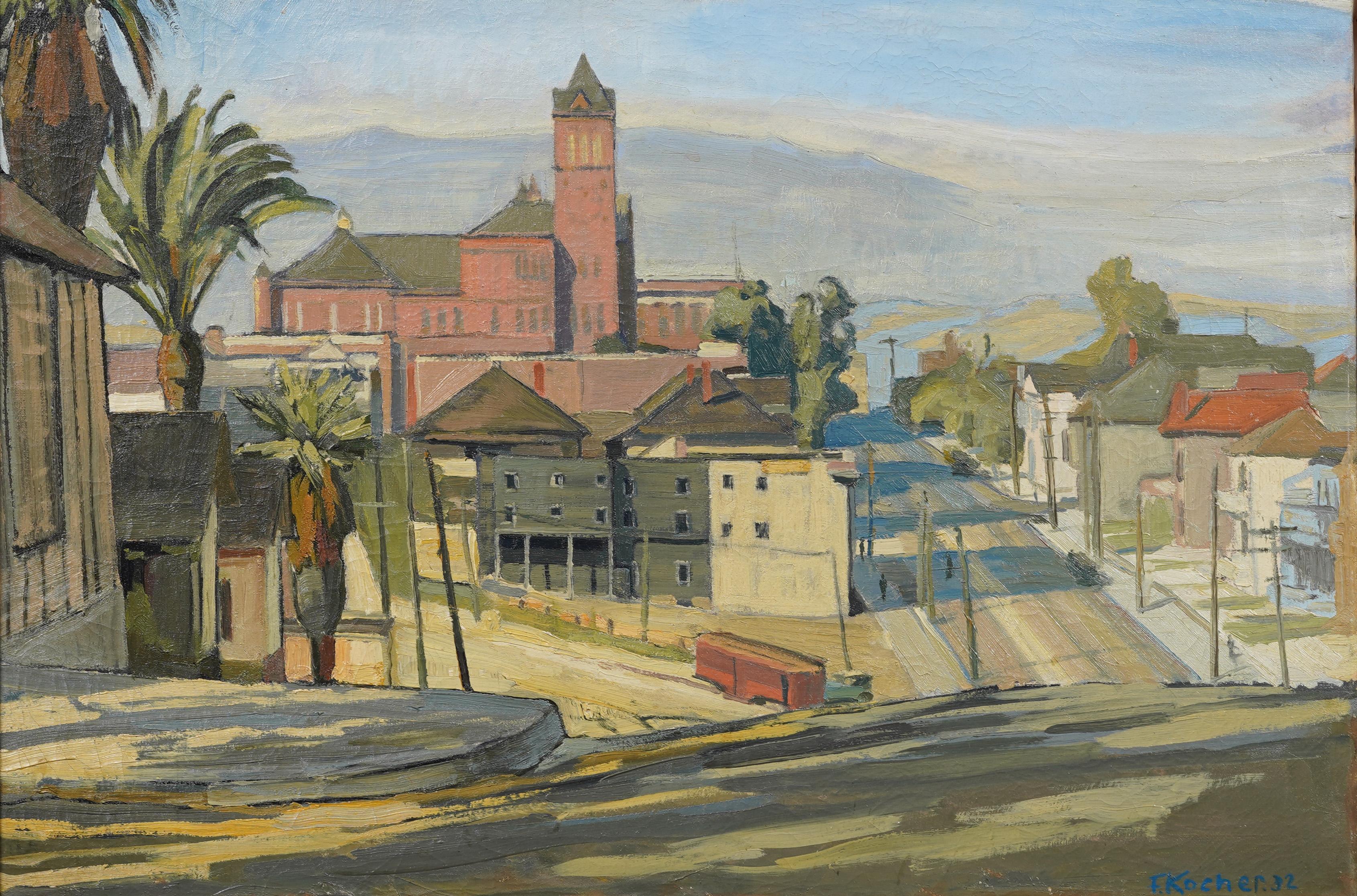 Antike amerikanische Impressionisten Kalifornien Santa Monica große Landschaft gerahmt (Braun), Landscape Painting, von Fritz Wilhelm Anton Kocher 