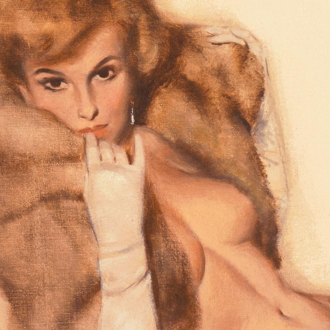 Signed lower left, 'Fritz Willis' (American, 1907-1979) and painted circa 1960.

A delicately modeled example of the work of this notable American illustrator showing a suitably sultry 'sex-kitten', wearing a fur stole, silk stockings and a