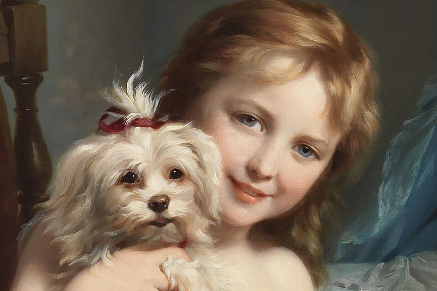 Romantic Fritz Zuber-Bühler a Young Girl with a Maltese Terrier For Sale