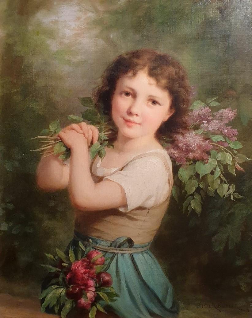 ZUBER-BUHLER academic swiss painting 19th girl flowers lilas  - Painting by Fritz Zuber-Buhler