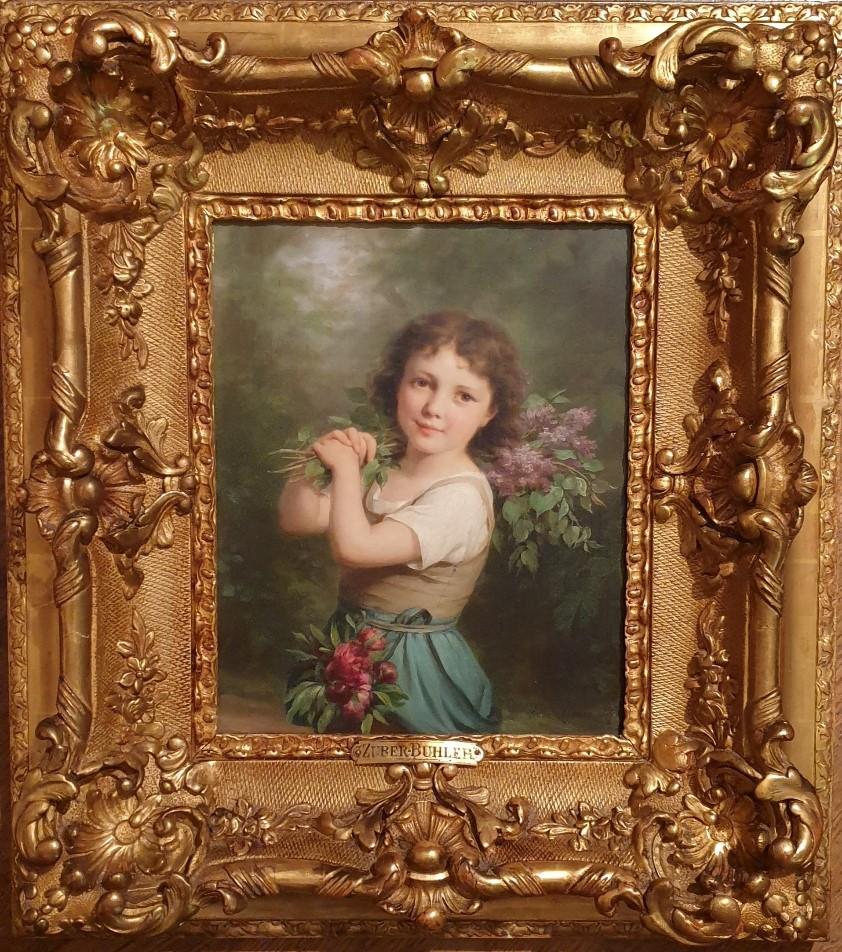 Fritz Zuber-Buhler Figurative Painting - ZUBER-BUHLER academic swiss painting 19th girl flowers lilas 