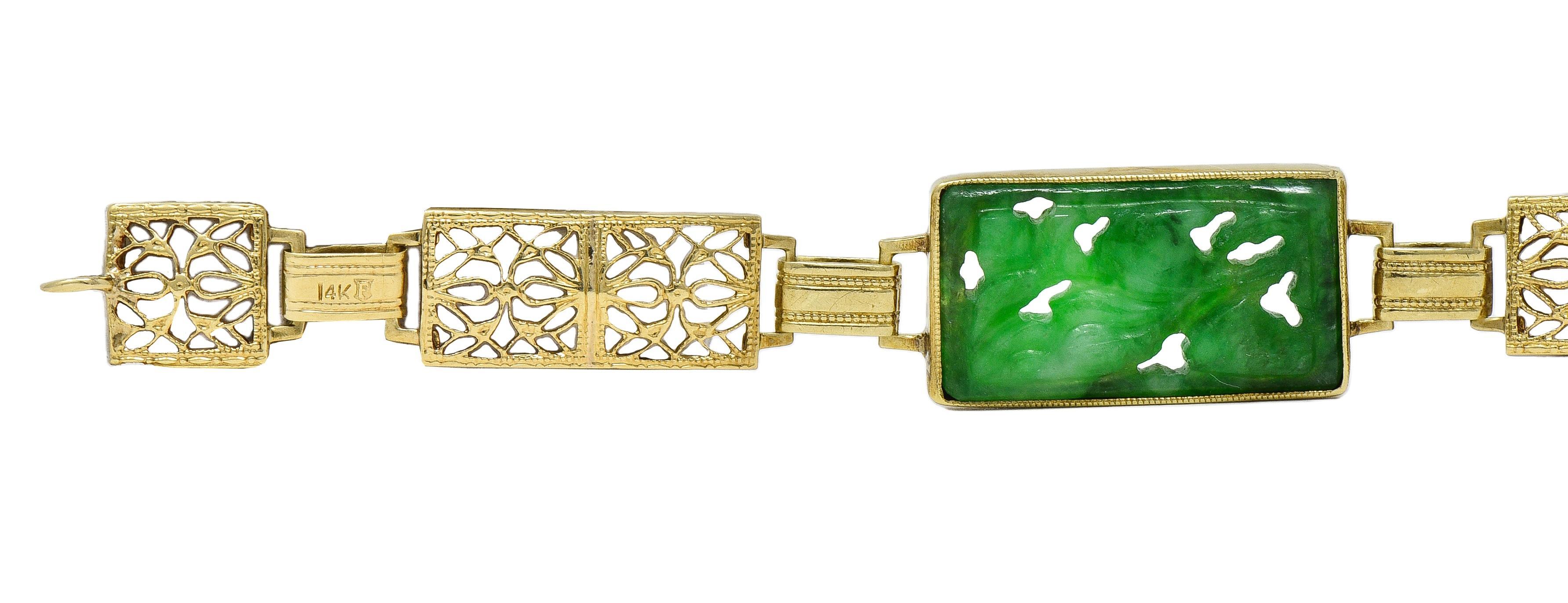 Taille grossière Fritzsche & Co. Art Carved Jade 14 Karat Gold Antique Floral Link Bracelet en vente