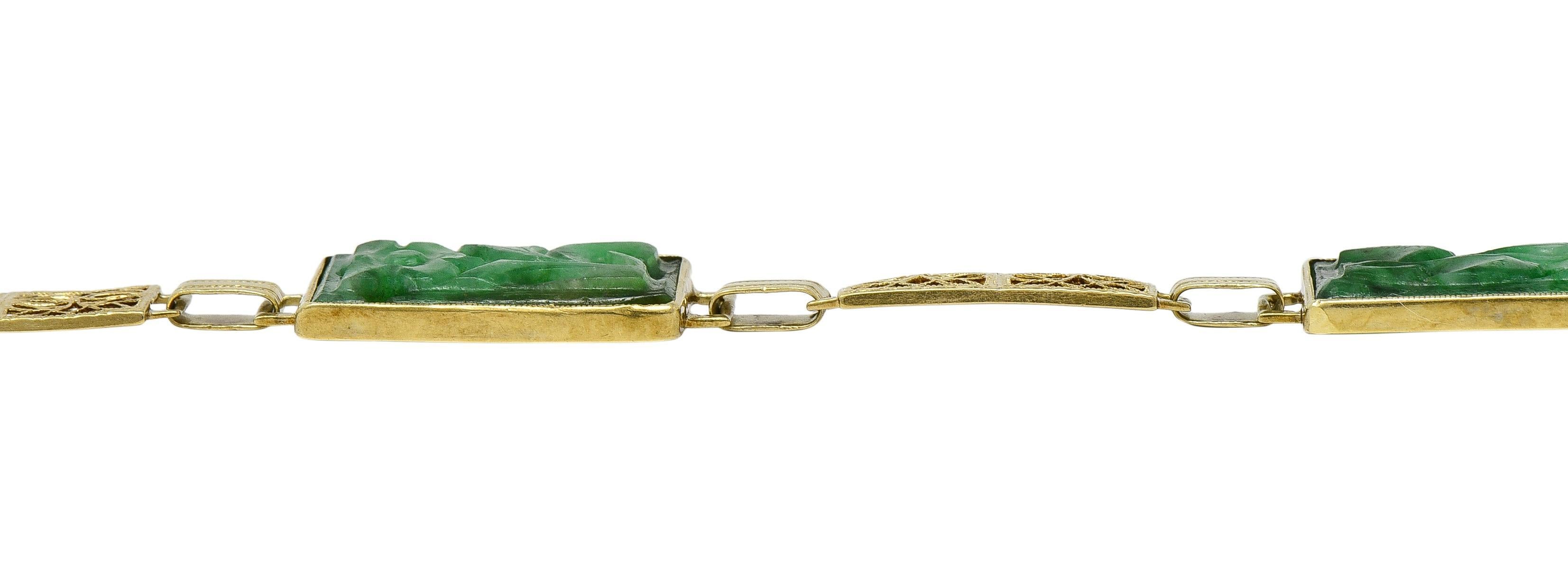 Fritzsche & Co. Art Carved Jade 14 Karat Gold Antique Floral Link Bracelet Pour femmes en vente