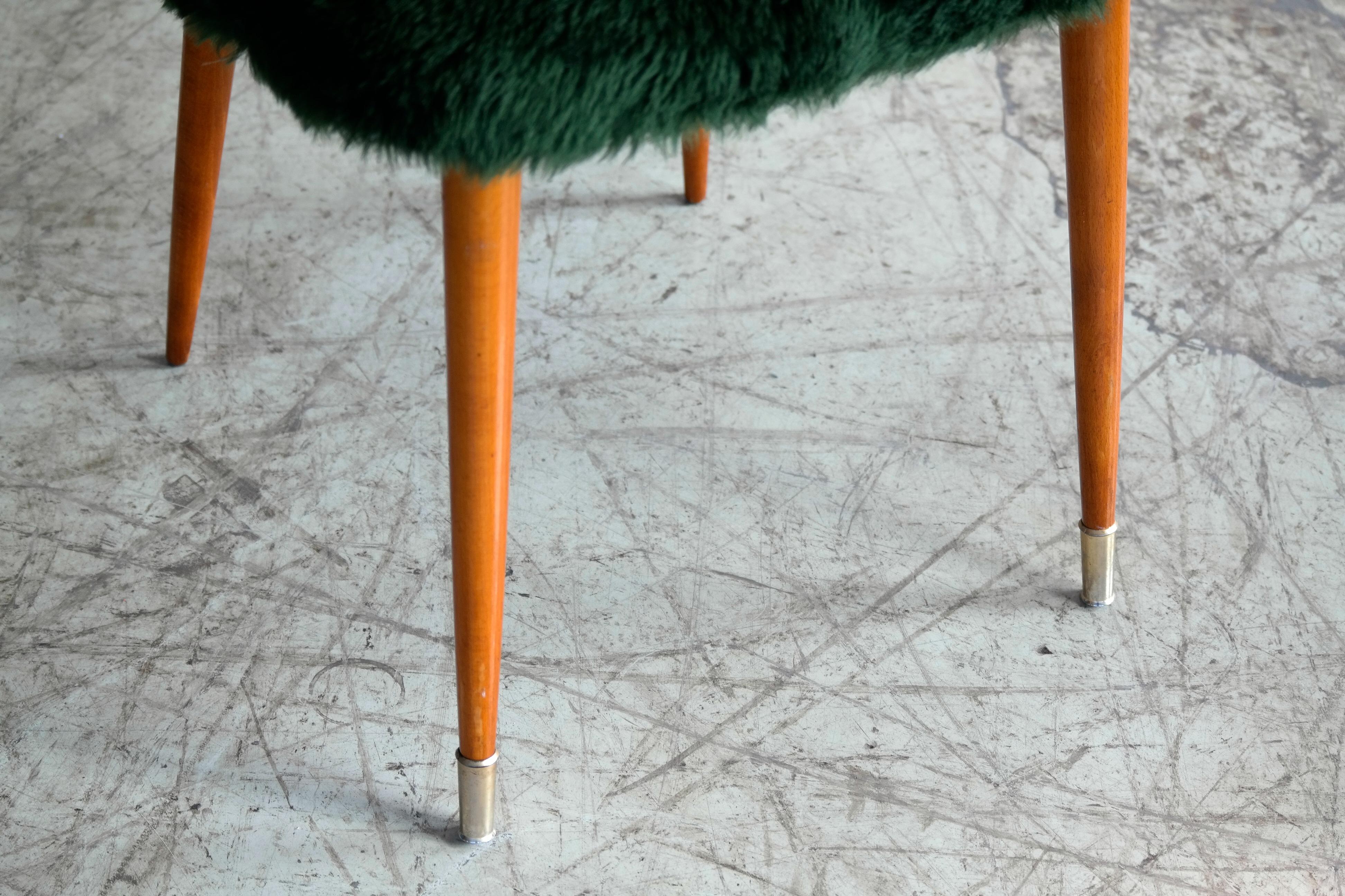 Mid-Century Modern Frode Holm Style Danish Midcentury Vanity Chairs in Elm and Green Faux Fur