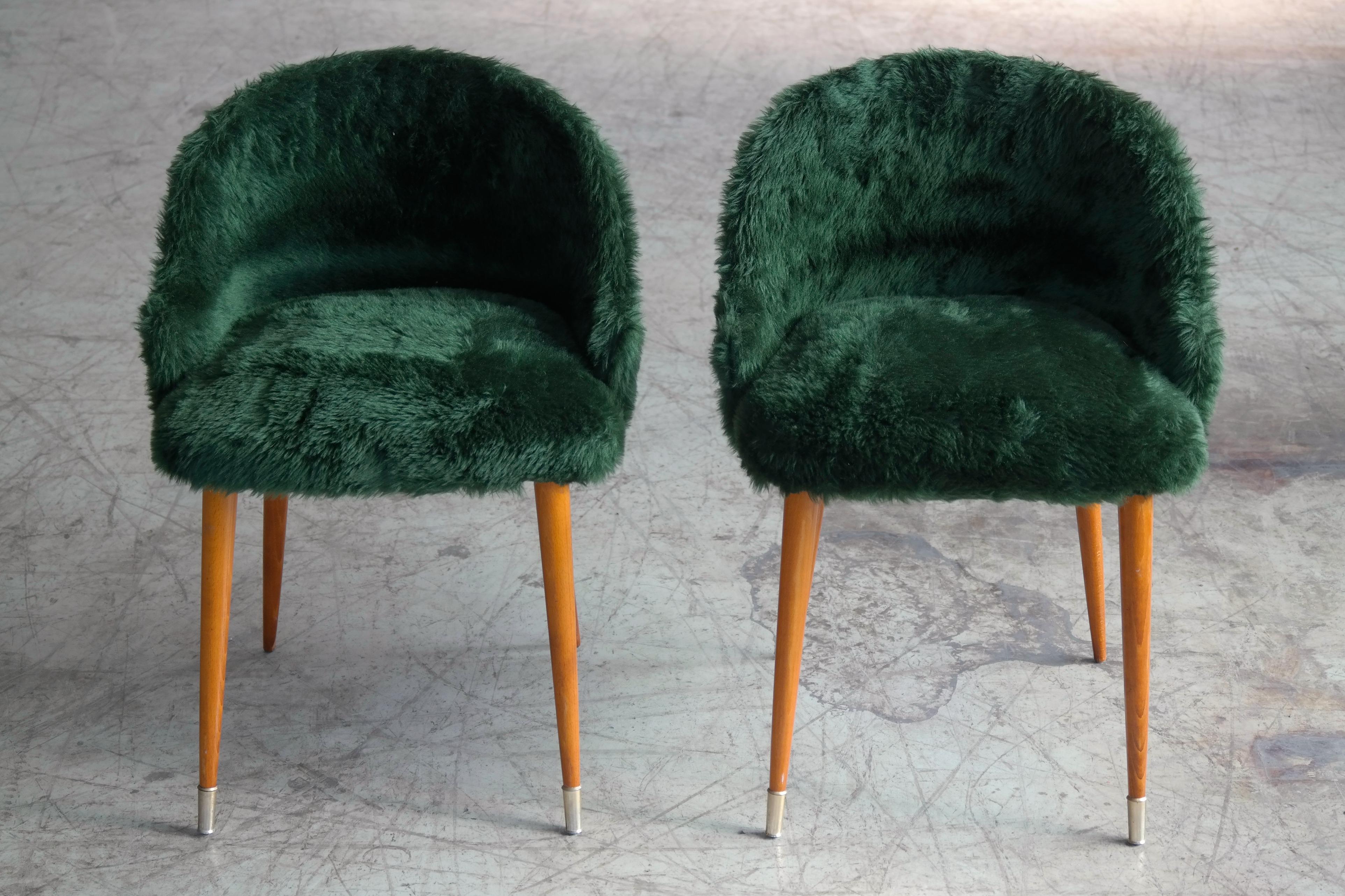 Frode Holm Style Danish Midcentury Vanity Chairs in Elm and Green Faux Fur In Good Condition In Bridgeport, CT