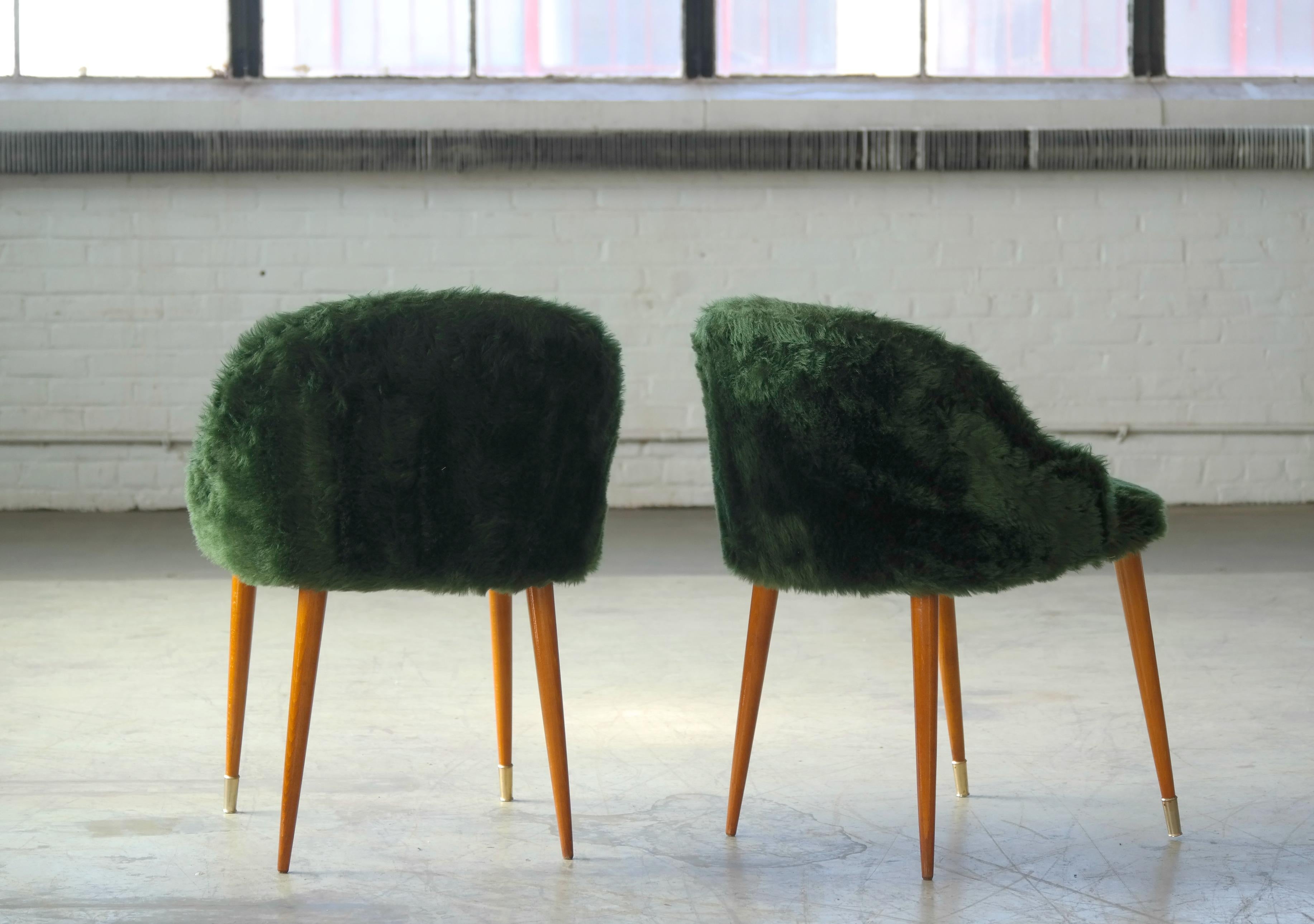 Late 20th Century Frode Holm Style Danish Midcentury Vanity Chairs in Elm and Green Faux Fur
