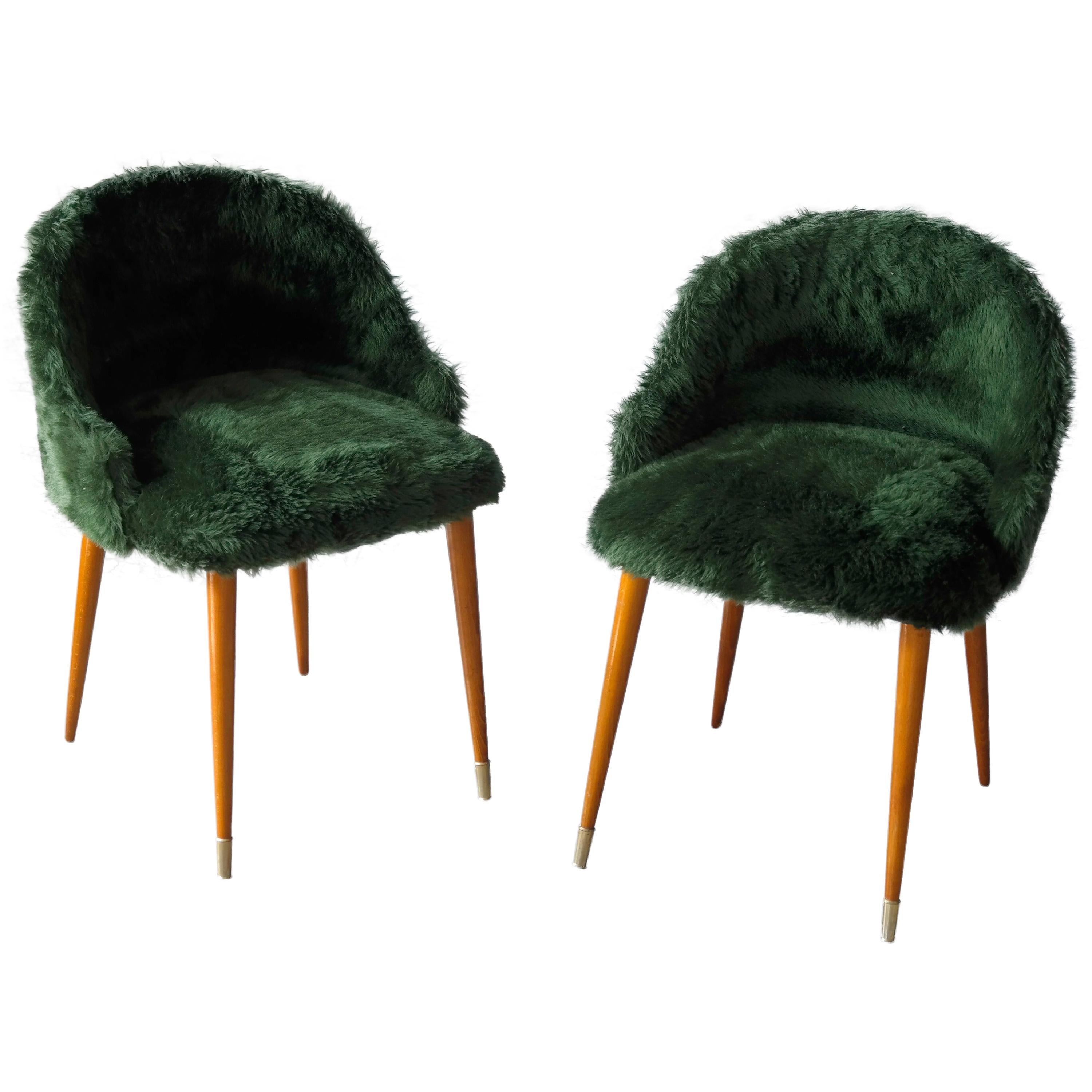 Frode Holm Style Danish Midcentury Vanity Chairs in Elm and Green Faux Fur
