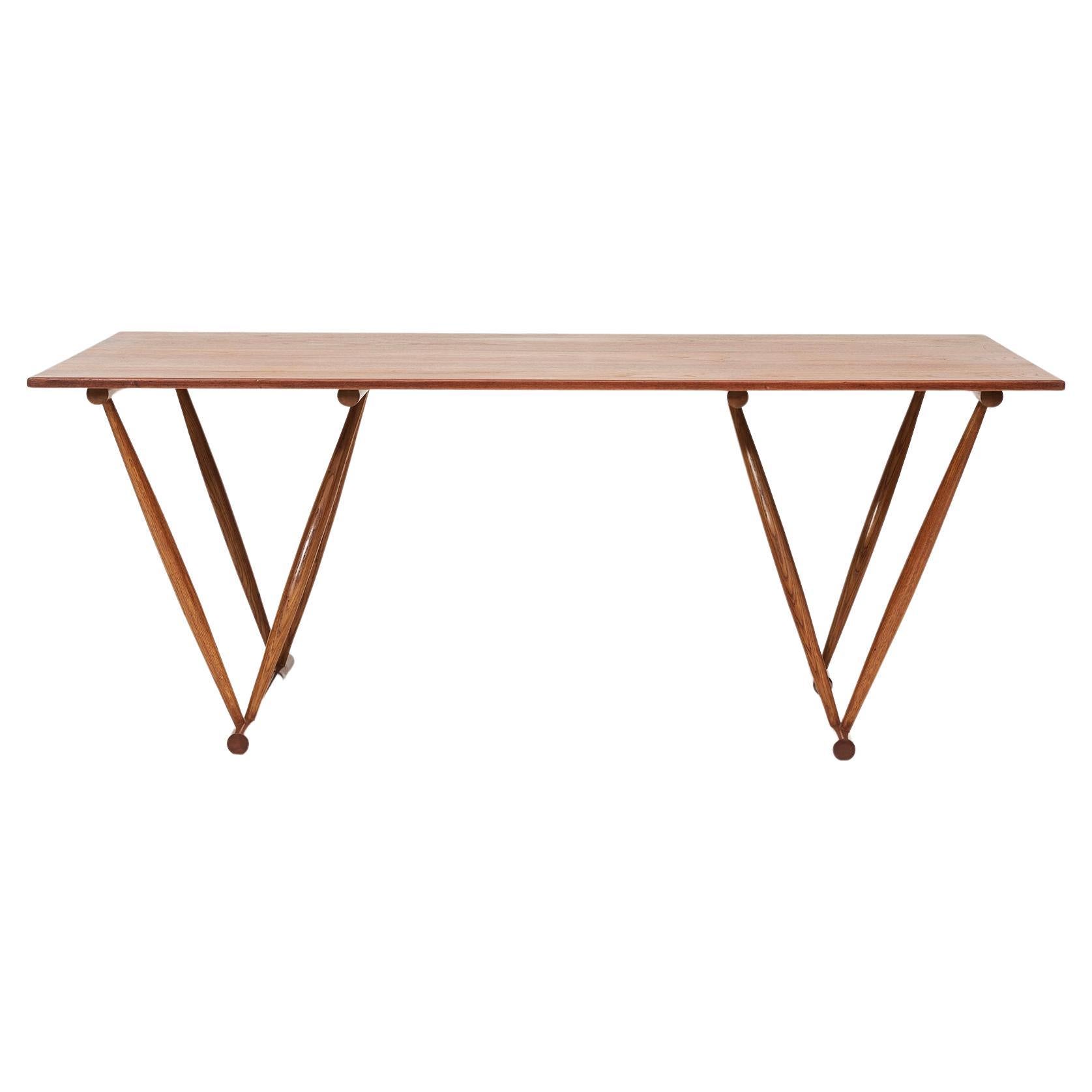 Frode Holm, Work Table in Solid Oak & Oak with Sculptural V-Shaped Frame