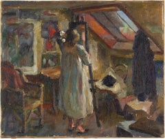 Antique Frode Kierulf, In The Studio, Oil Painting