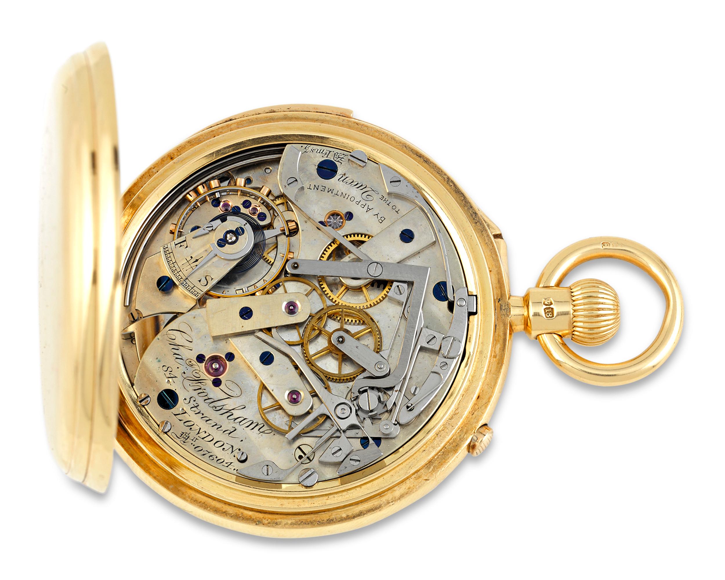 This exceptionally rare minute repeater pocket watch by the celebrated firm of Charles Frodsham is a specimen of precision timekeeping. The spectacular timepiece boasts a minute repeater, which, at the push of a button, chimes the hours, quarter