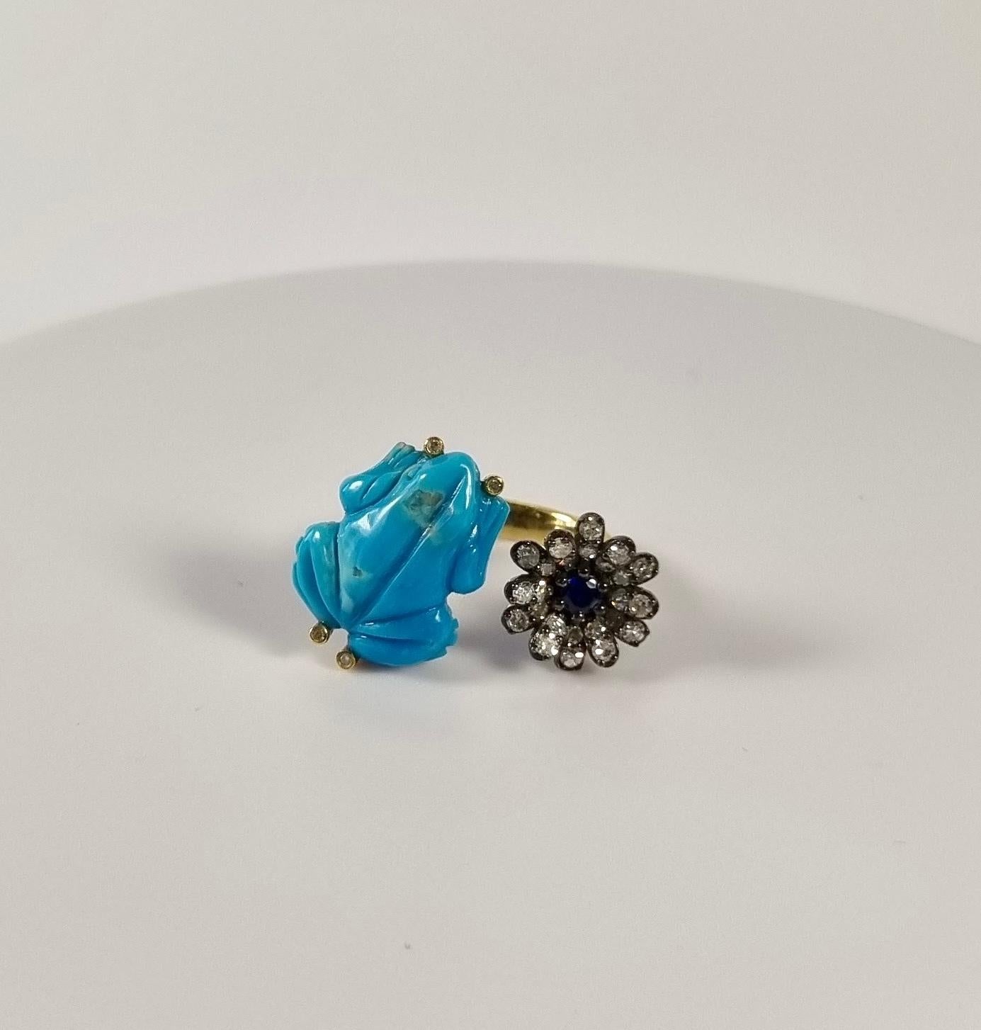 Artisan Frog and Flower Turquoise, Tsavorites, Diamonds, Gold and Silver Earrings For Sale