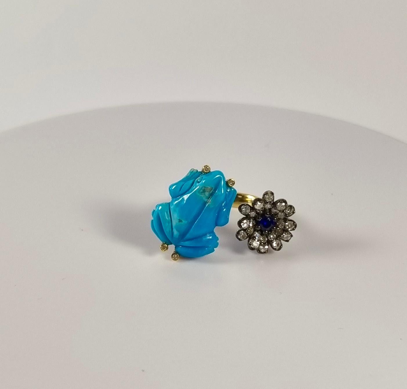 Brilliant Cut Frog and Flower Turquoise, Tsavorites, Diamonds, Gold and Silver Earrings For Sale