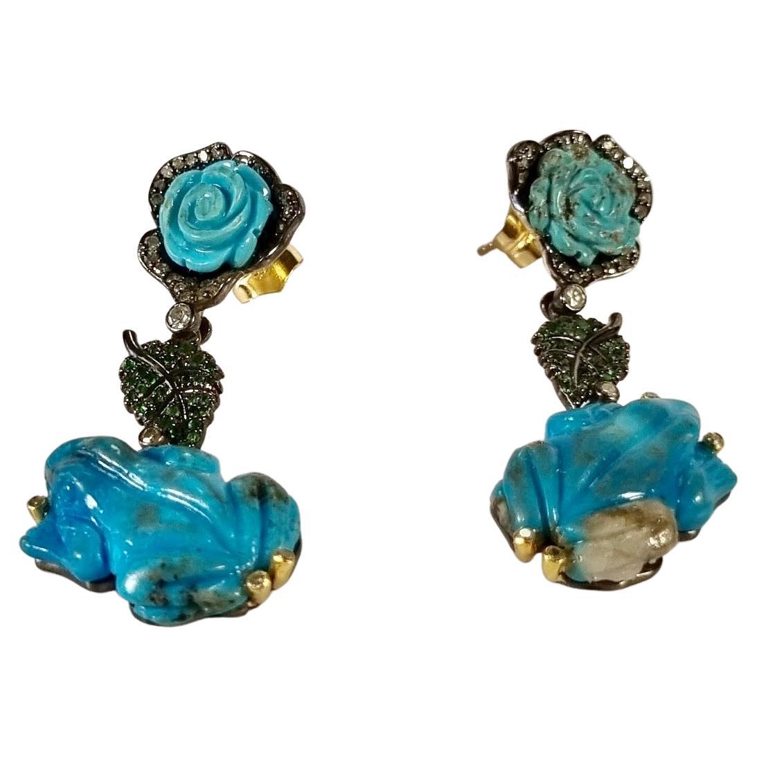 Boucles d'oreilles grenouille et fleur en or et argent avec turquoises, tsavorites et diamants