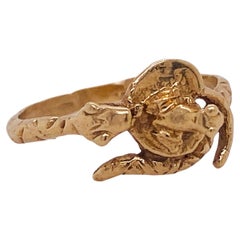 Retro Frog and Snake Whimsical Nature Ring in 14k Yellow Gold, Lovely Details LV