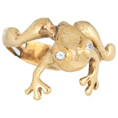 Frog Band Diamond Eyes Retro 14 Karat Yellow Gold Estate Fine Jewelry
