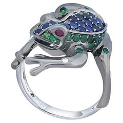 Frog Blue Sapphire Diamond Pave & Green Garnet 18K Black Gold Animal Ring
