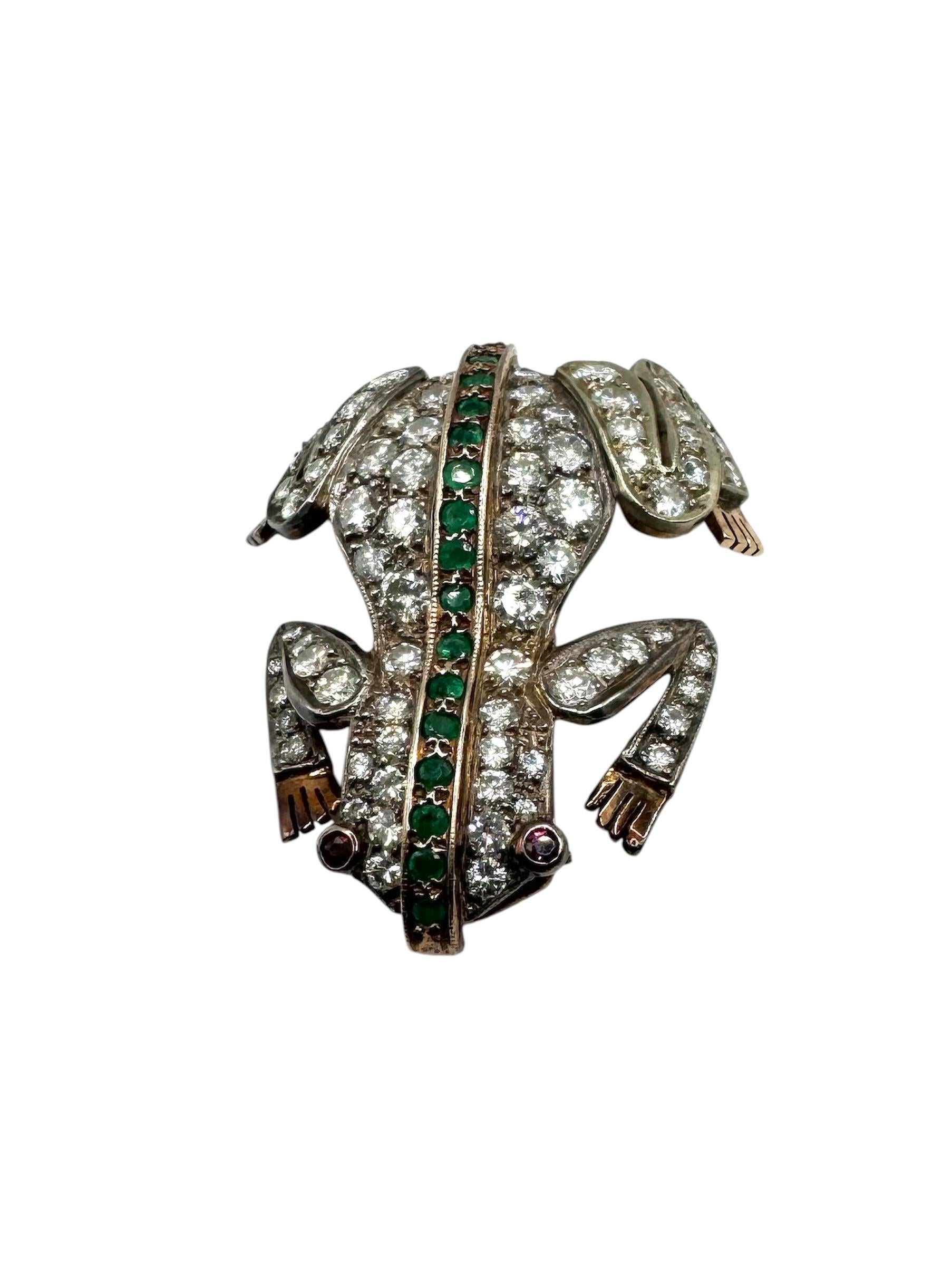 Brilliant Cut Vintage Diamond, Emerald, and Garnet Frog Brooch in 14K Gold For Sale