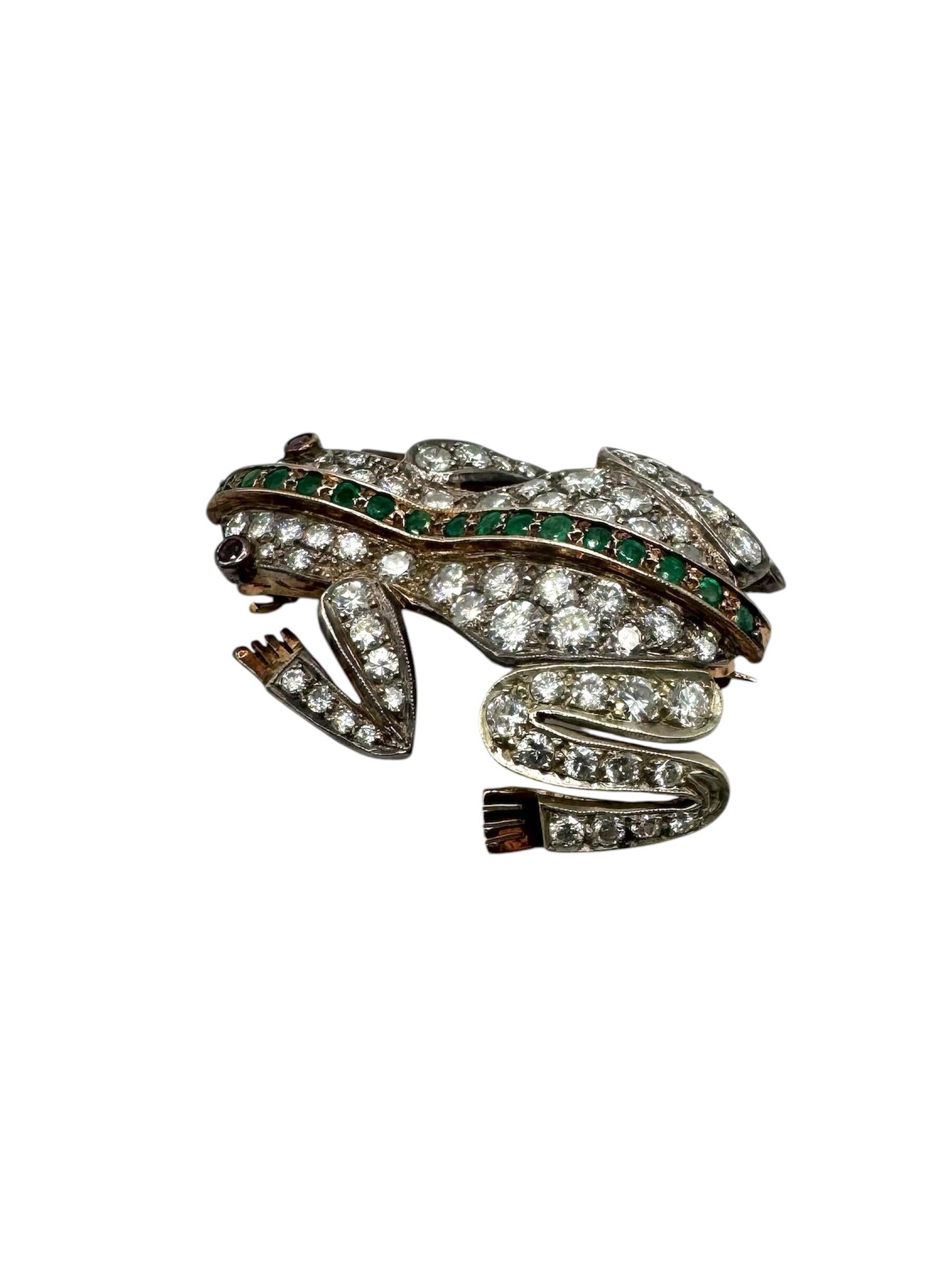 Women's or Men's Vintage Diamond, Emerald, and Garnet Frog Brooch in 14K Gold For Sale