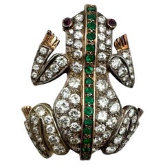 Spilla a forma di rana in oro giallo 14K con diamanti, smeraldi e granati
