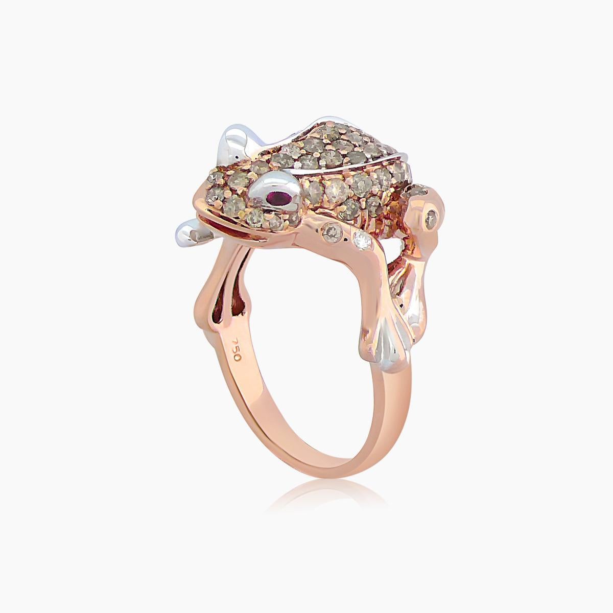 Frosch Braun Diamant Pave & Rubin 18K Rose Gold Tier Ring (Gemischter Schliff) im Angebot