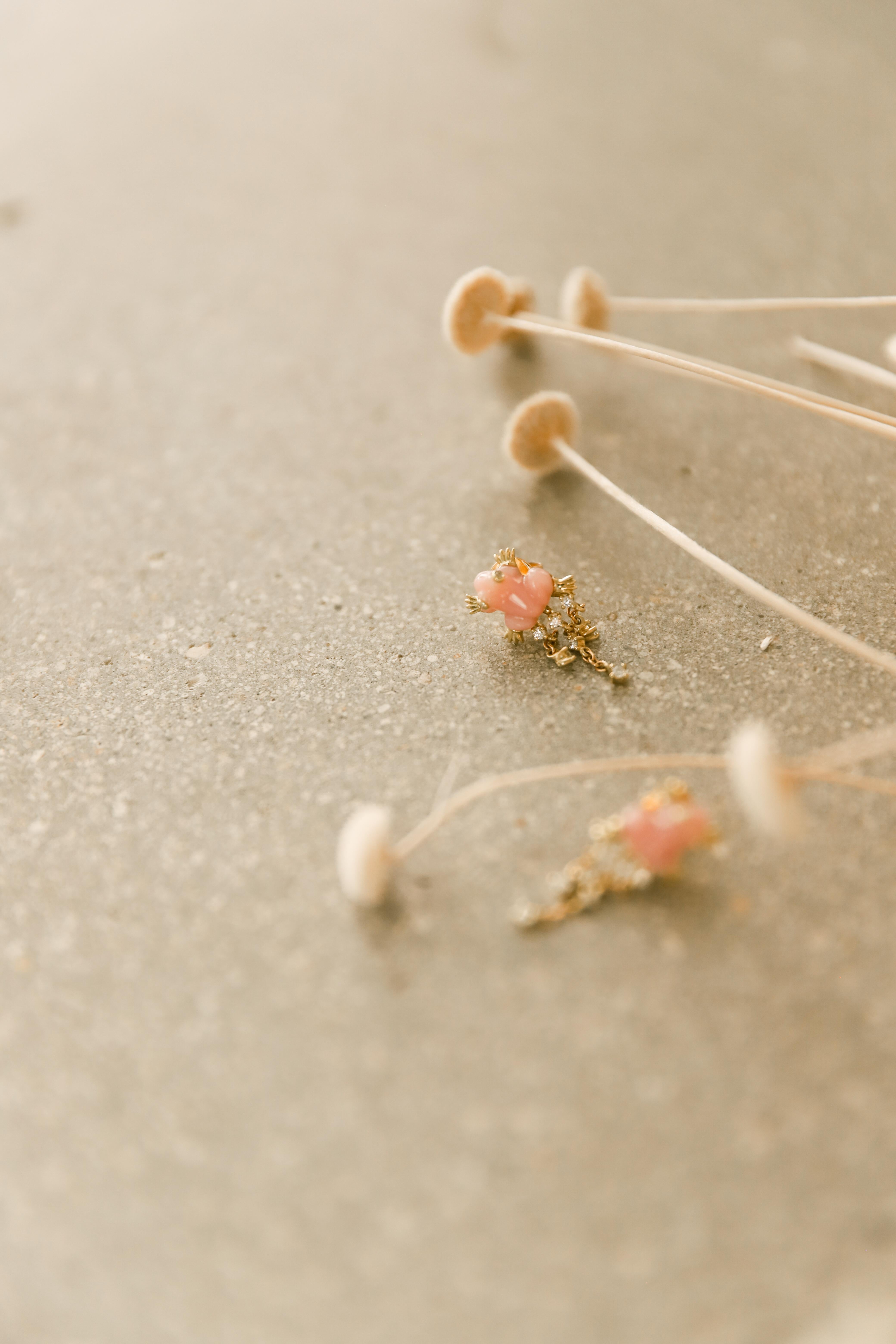  Carved Rose Quartz Frog, 18k gold and diamond chandelier dangle earrings. Post backs. 