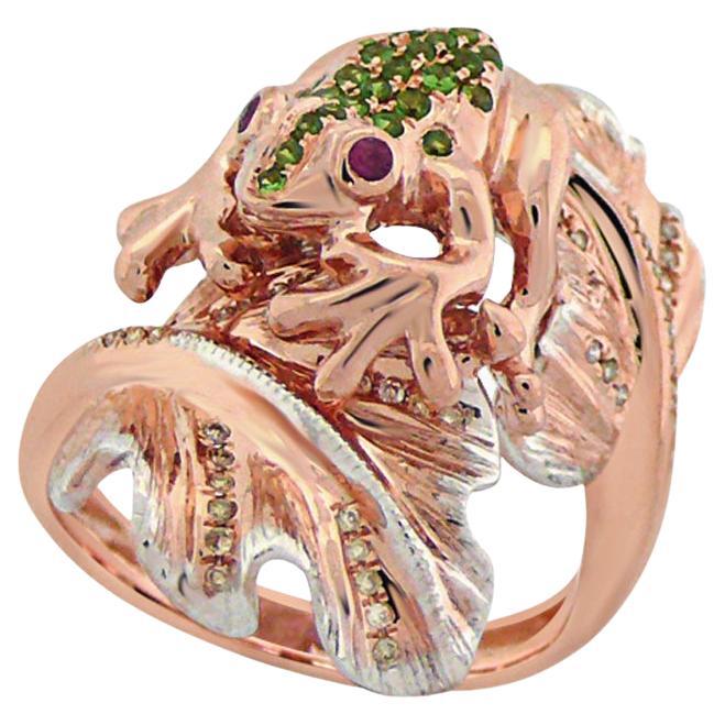 Frog Diamond Pave Green Garnet & Ruby 18K Rose Gold Animal Ring