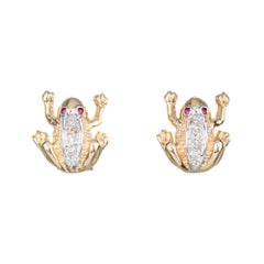 Frog Earrings Diamond Ruby Eyes Vintage 14 Karat Yellow Gold Estate Fine Jewelry