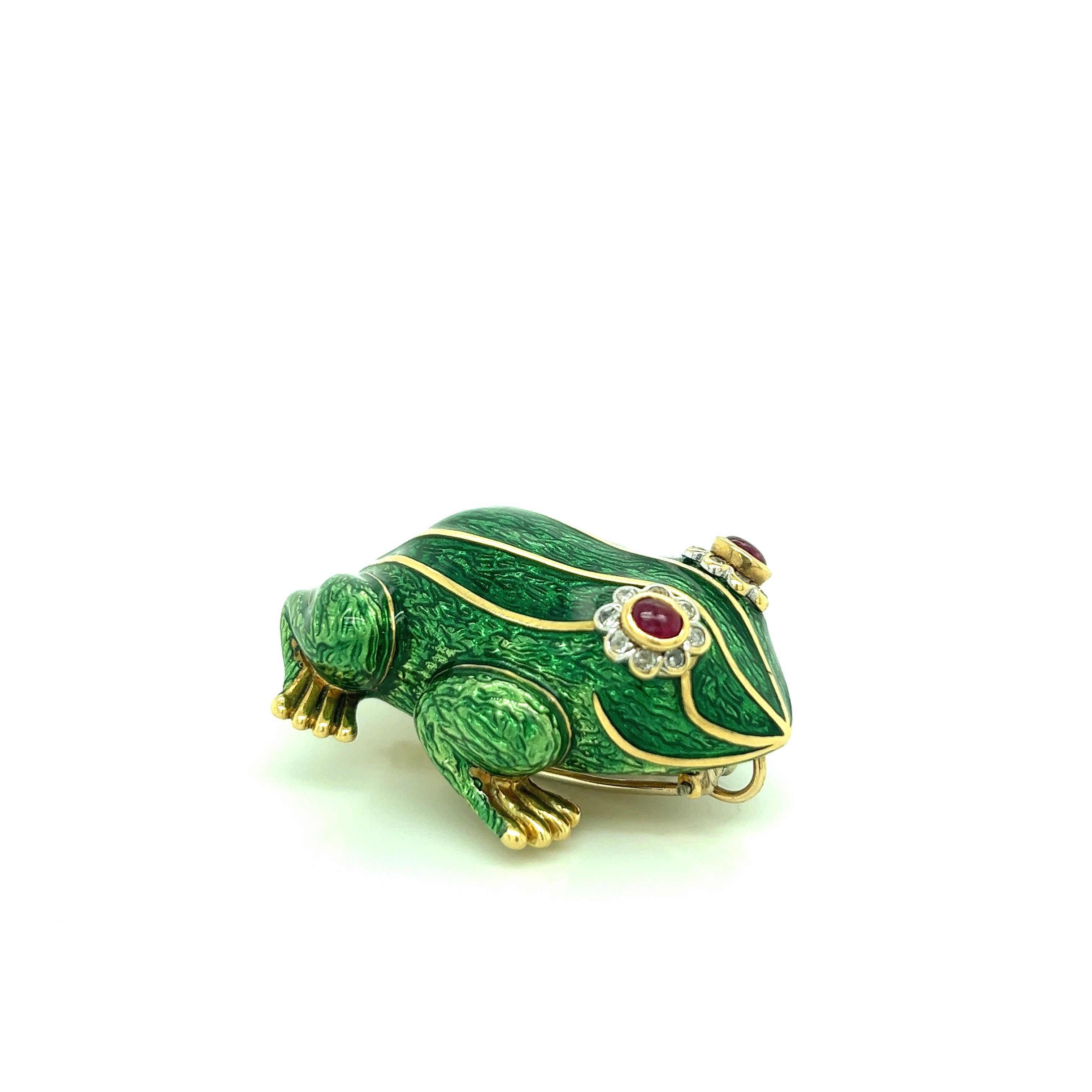 Women's or Men's Frog Enamel Gold Brooch For Sale