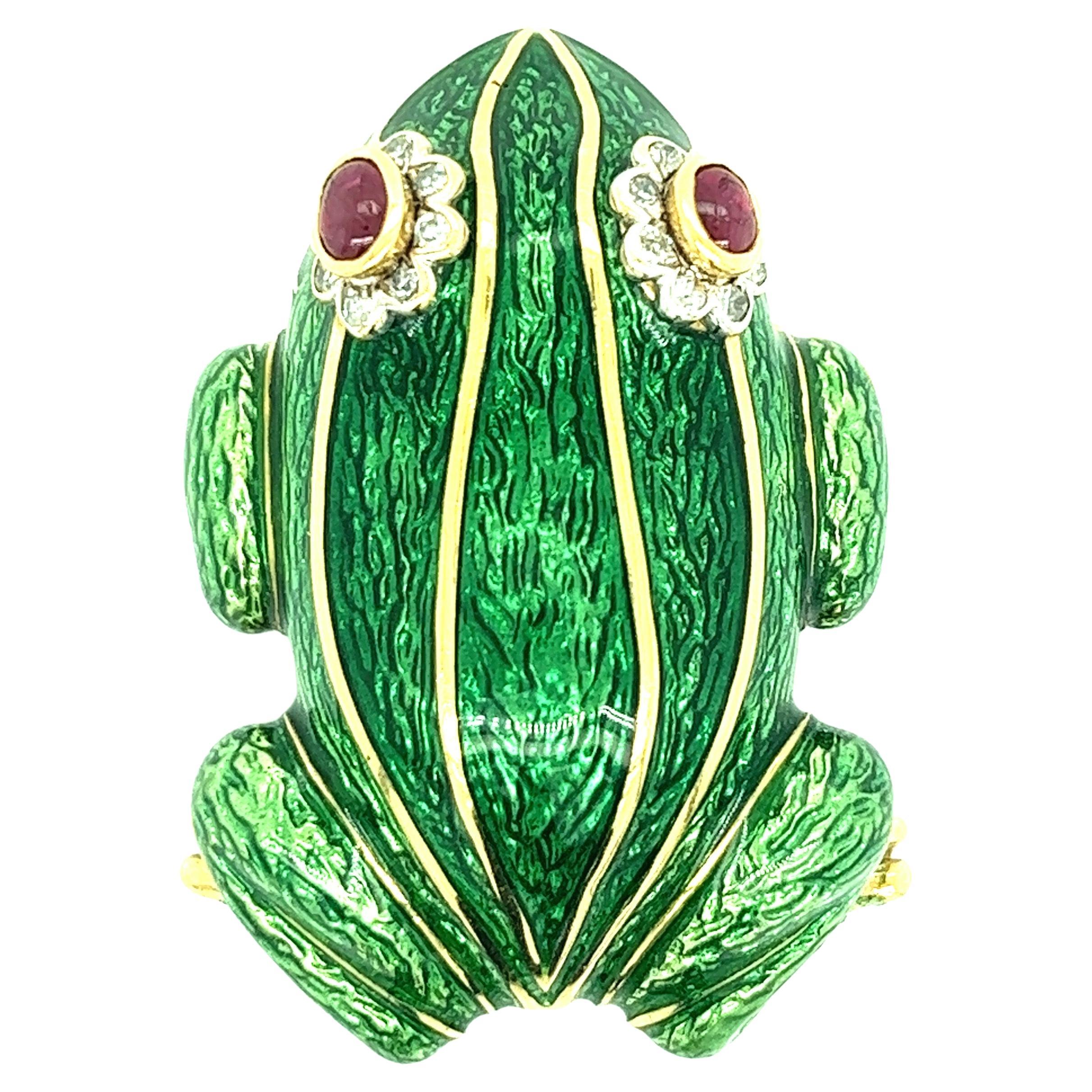 Frog Enamel Gold Brooch For Sale