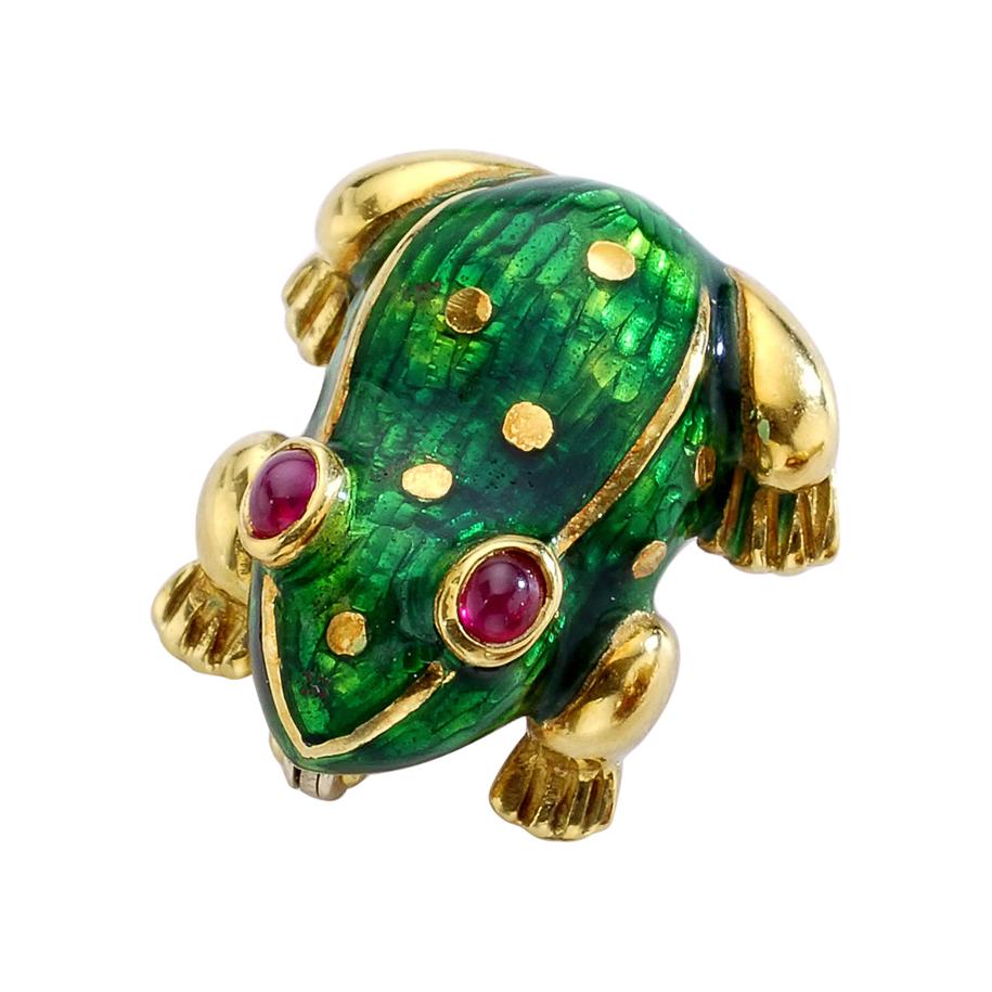 Frog Gold Enamel Ruby Clip Brooch