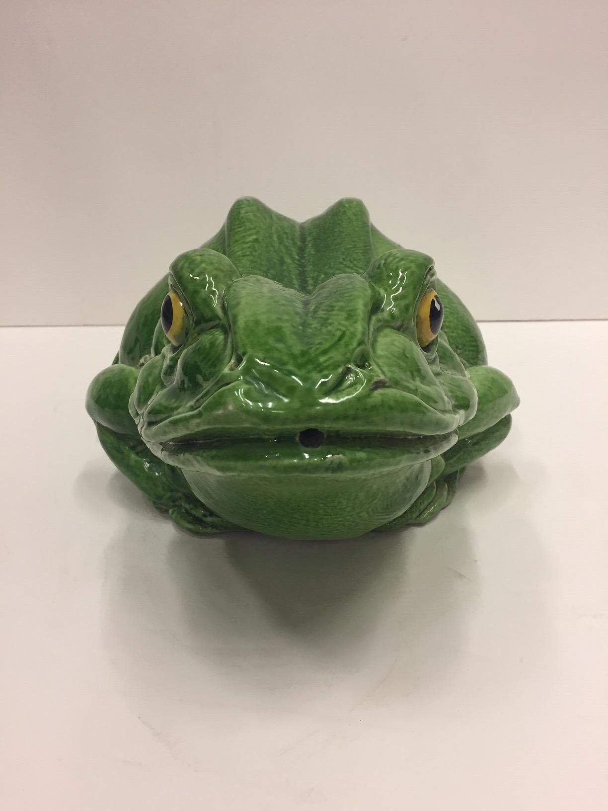An eye catching table top frog accessory in a lovely shade of green glazed terracotta, having yellow rimmed black eyes and Made in Italy on the bottom.