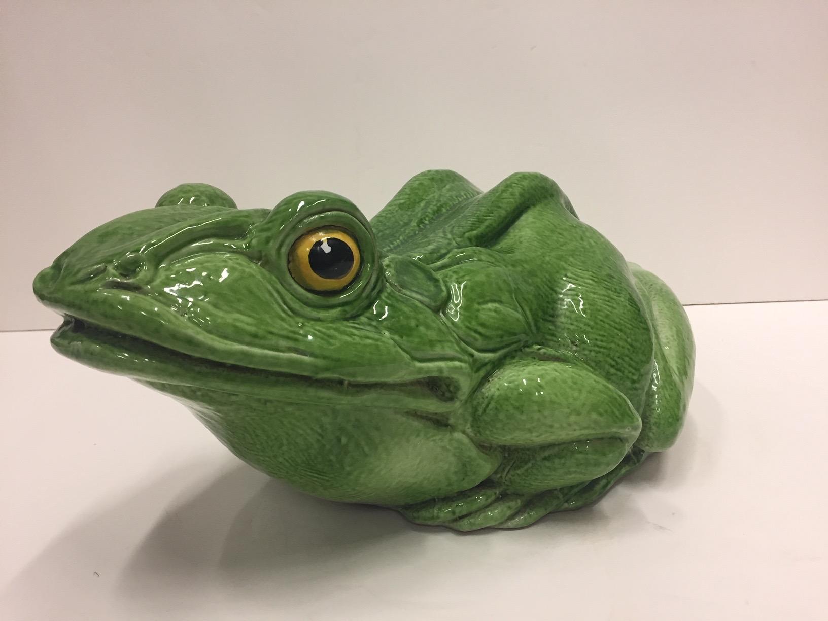 Italian Frog Lover's Fun Glazed Terracotta Table Top Sculpture For Sale