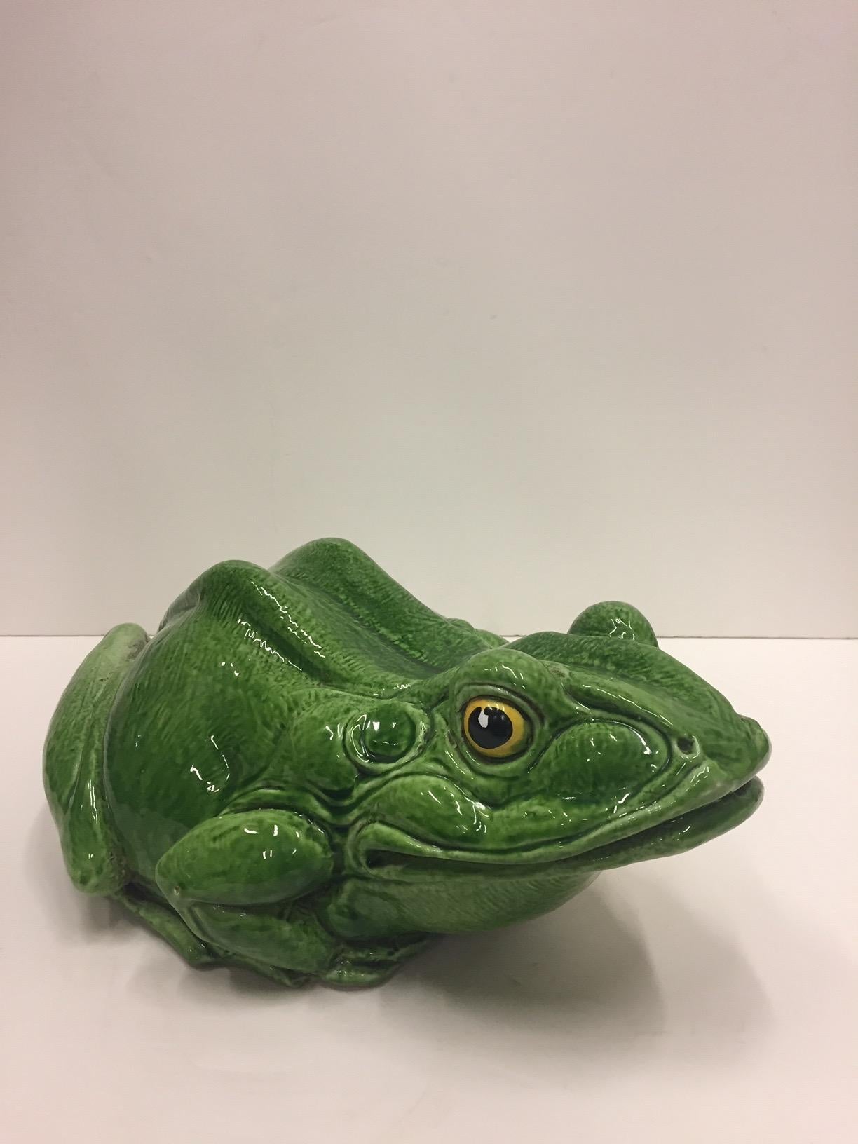 Frog Lover's Fun Glazed Terracotta Table Top Sculpture In Good Condition For Sale In Hopewell, NJ