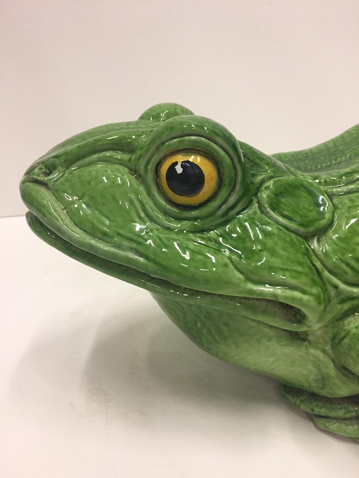 Late 20th Century Frog Lover's Fun Glazed Terracotta Table Top Sculpture For Sale
