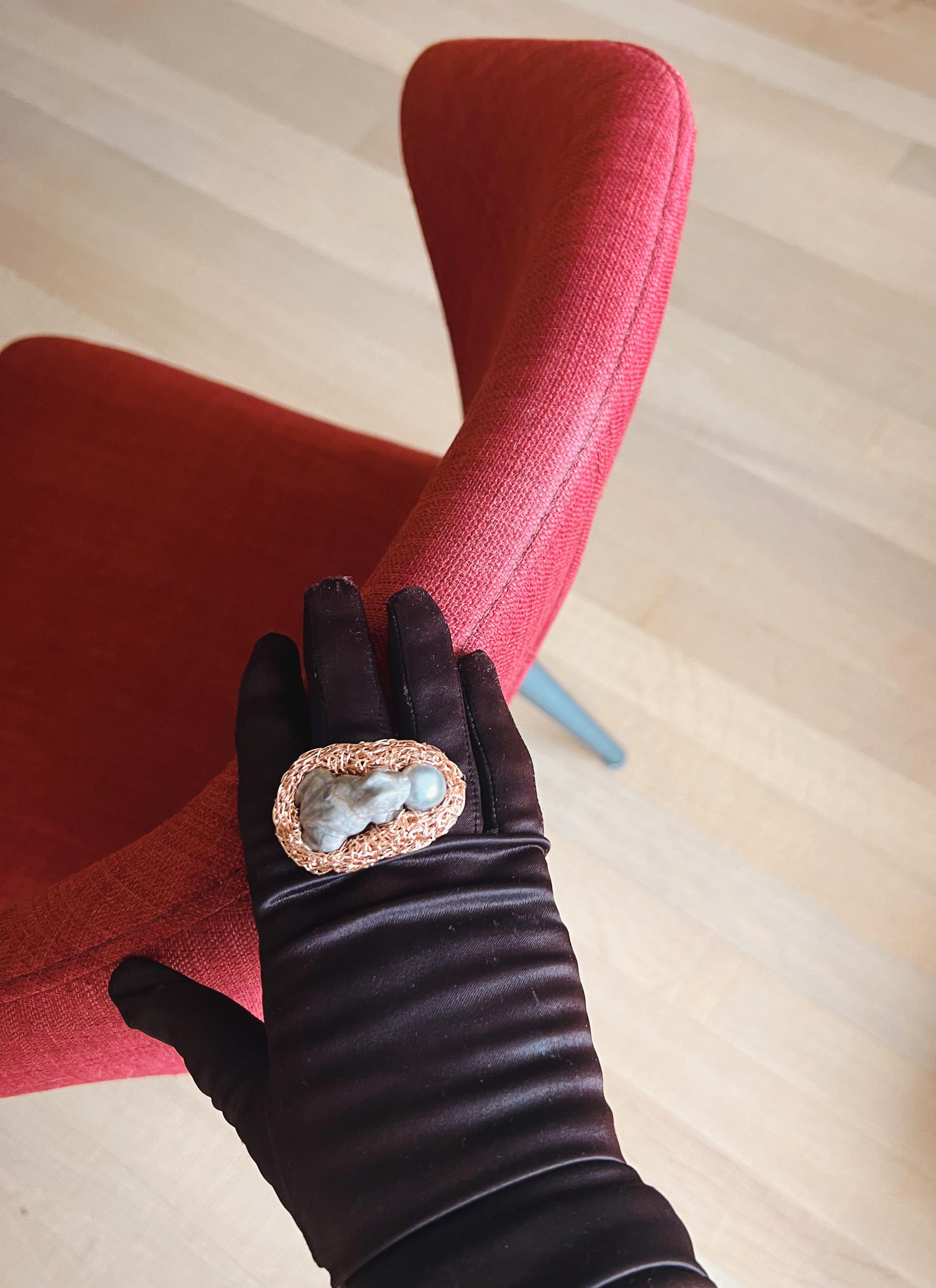'Misty' - One-of-a-Kind Rose Gold Frog Ring!

A whimsical jewel from the Conversation Pieces collection, which brings together a carved jasper stone in the shape of a frog, sitting next to a luminous light grey pearl. 
The intricate rose gold