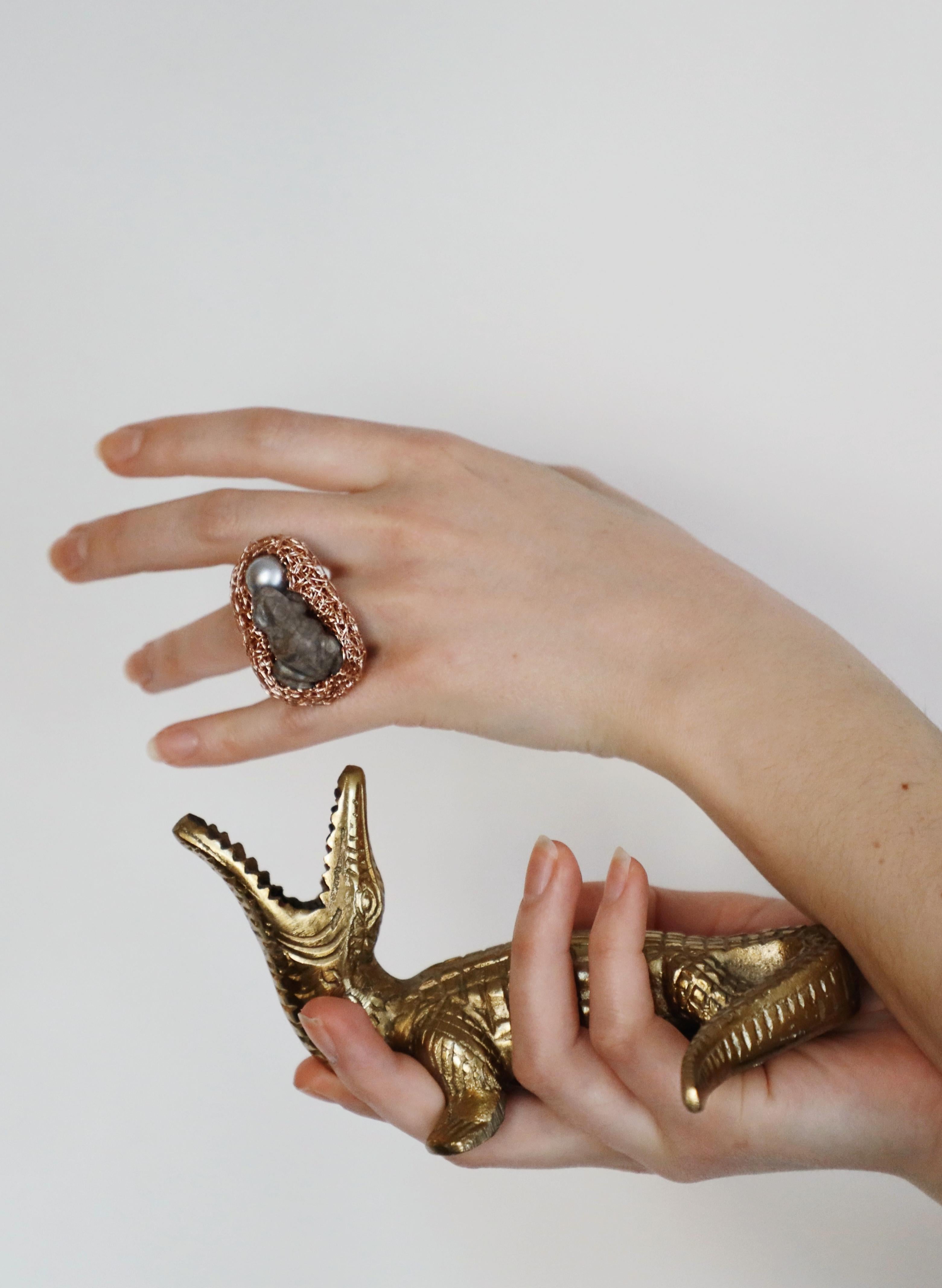 Contemporary Frog Pearl Different Stye Statement Ring 14k Rose Gold F One-of-Kind For Sale