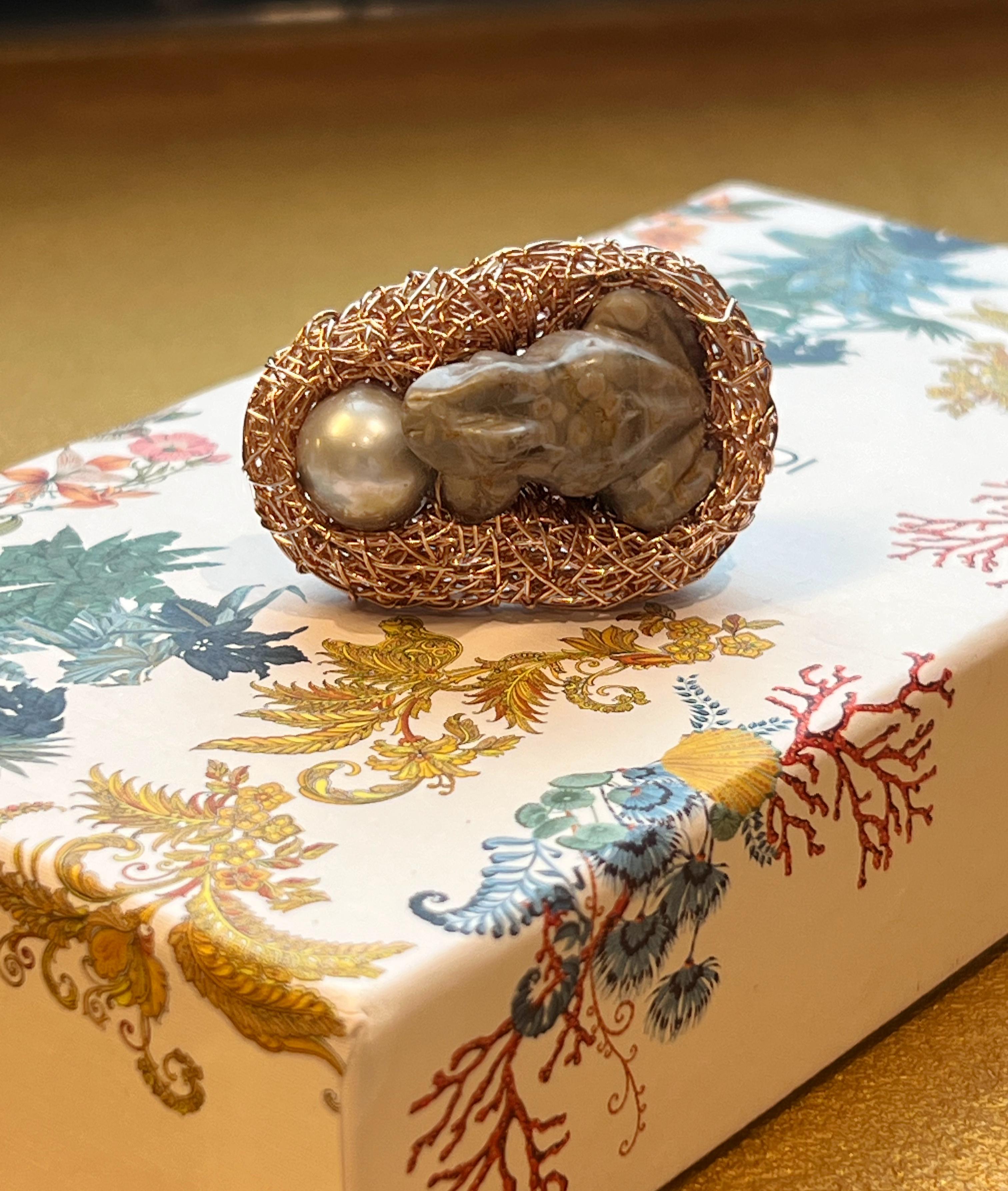 Uncut Frog Pearl Different Stye Statement Ring 14k Rose Gold F One-of-Kind For Sale