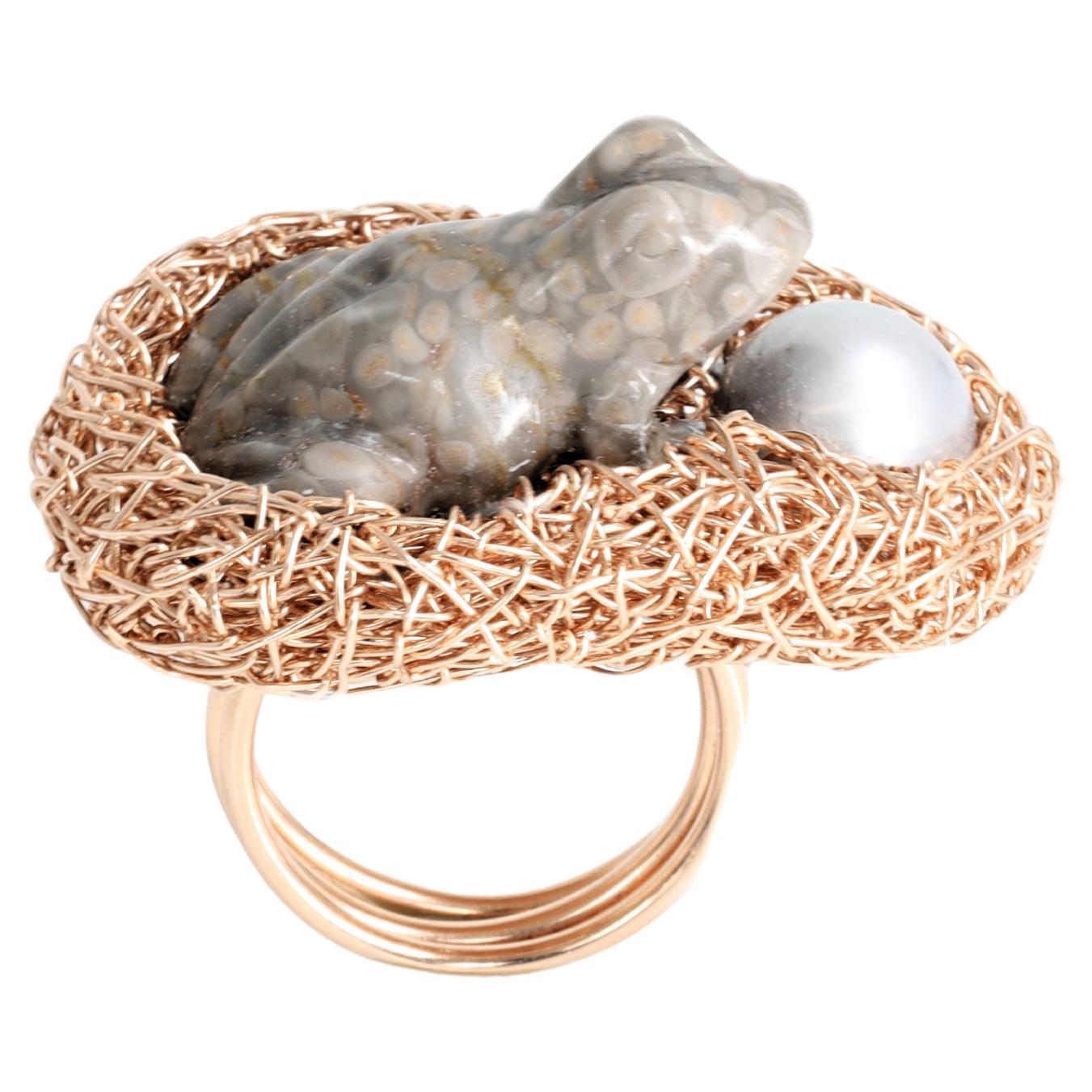 Frog Pearl Different Stye Statement Ring 14k Rose Gold F One-of-Kind
