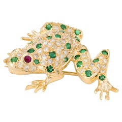 Frog Pendant Brooch Vintage Diamond Emerald Ruby 18 Karat Yellow Gold Jewelry