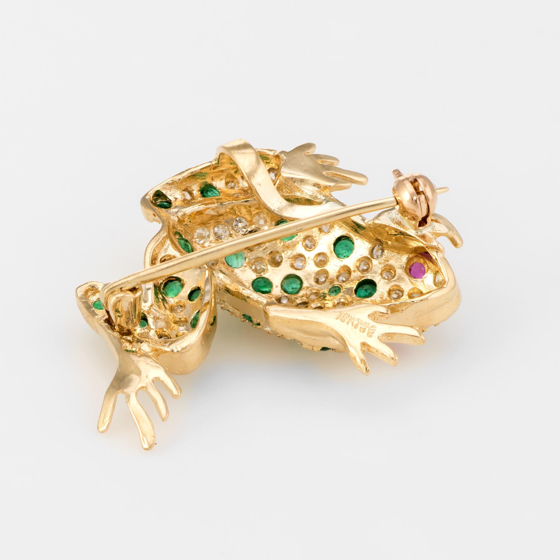 Women's Frog Pendant Brooch Vintage Diamond Emerald Ruby 18 Karat Yellow Gold Jewelry