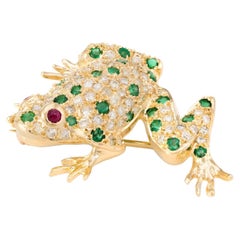 Frog Pendant Brooch Vintage Pave Diamond Emerald Ruby 18k Yellow Gold Jewelry