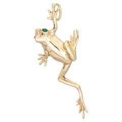 Frog Pendant Vintage 14k Yellow Gold Emerald Eyes Estate Fine Jewelry
