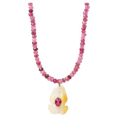 Frog Pendant with Center Ruby on a Ruby and Gold Beaded Necklace, 14k