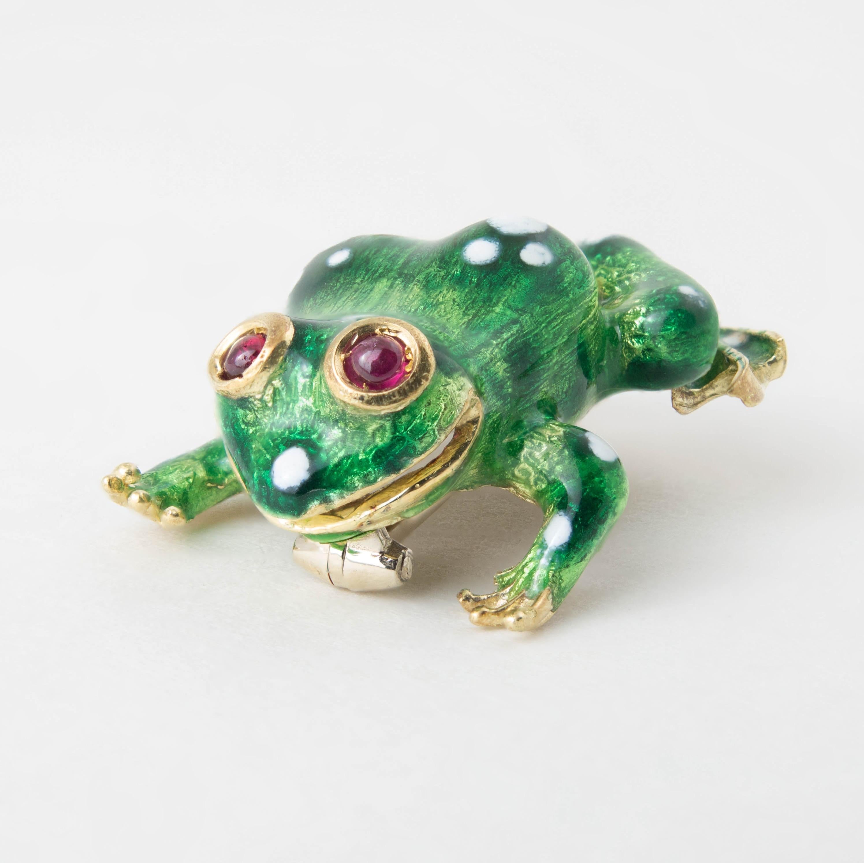 Contemporary Frog Pin or Brooch, 18k Gold, Green and White Enamel, Ruby Eyes