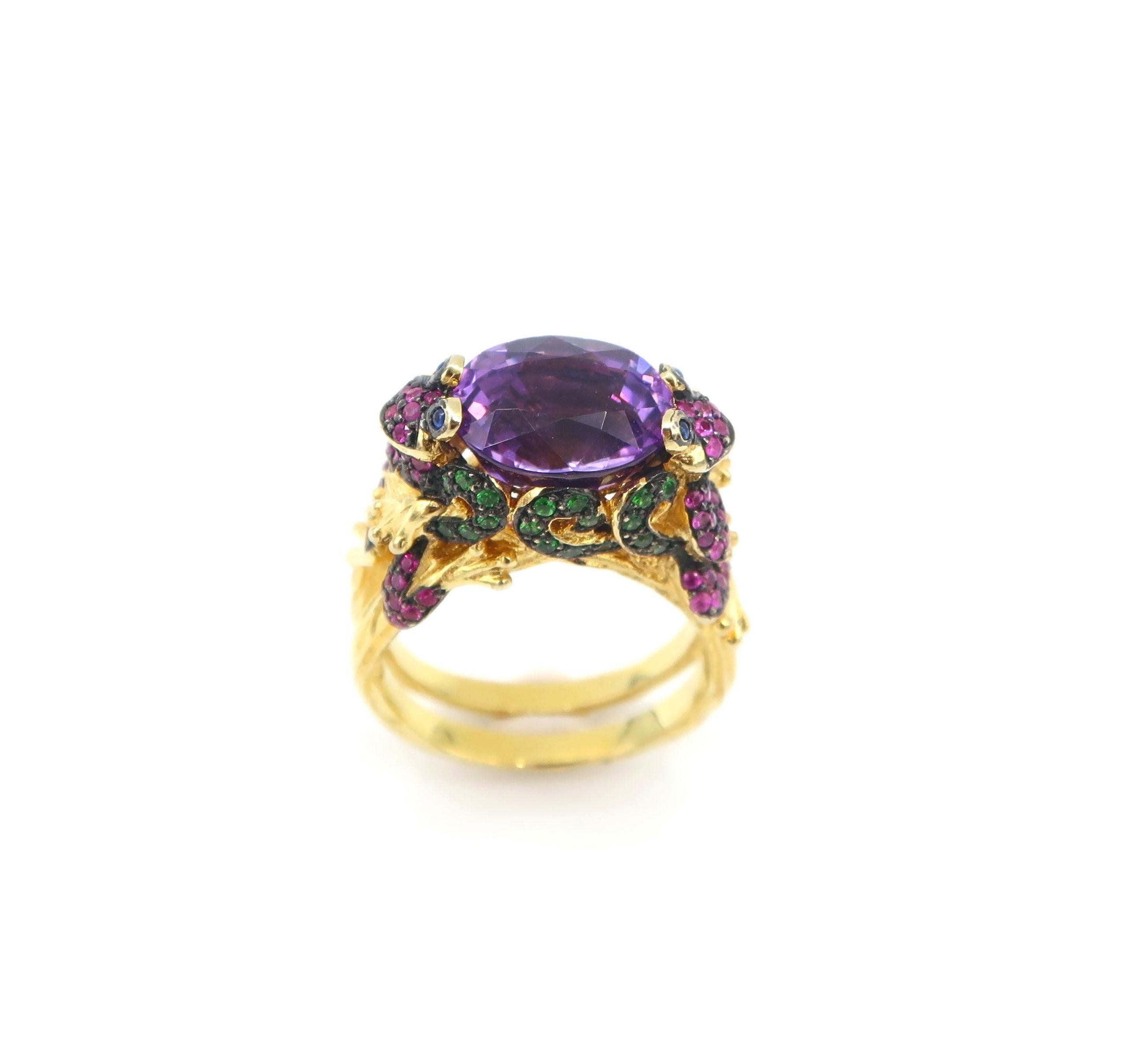 Frog Prince 7.10 Carat Amethyst embellished with Pink Sapphire and Tsavorite Cocktail Ring in 18K Yellow Gold

Complimentary resizing service for this ring is available. Please kindly let us know upon check-out.

Size: US 9.5 / 61

Amethyst: 7.10