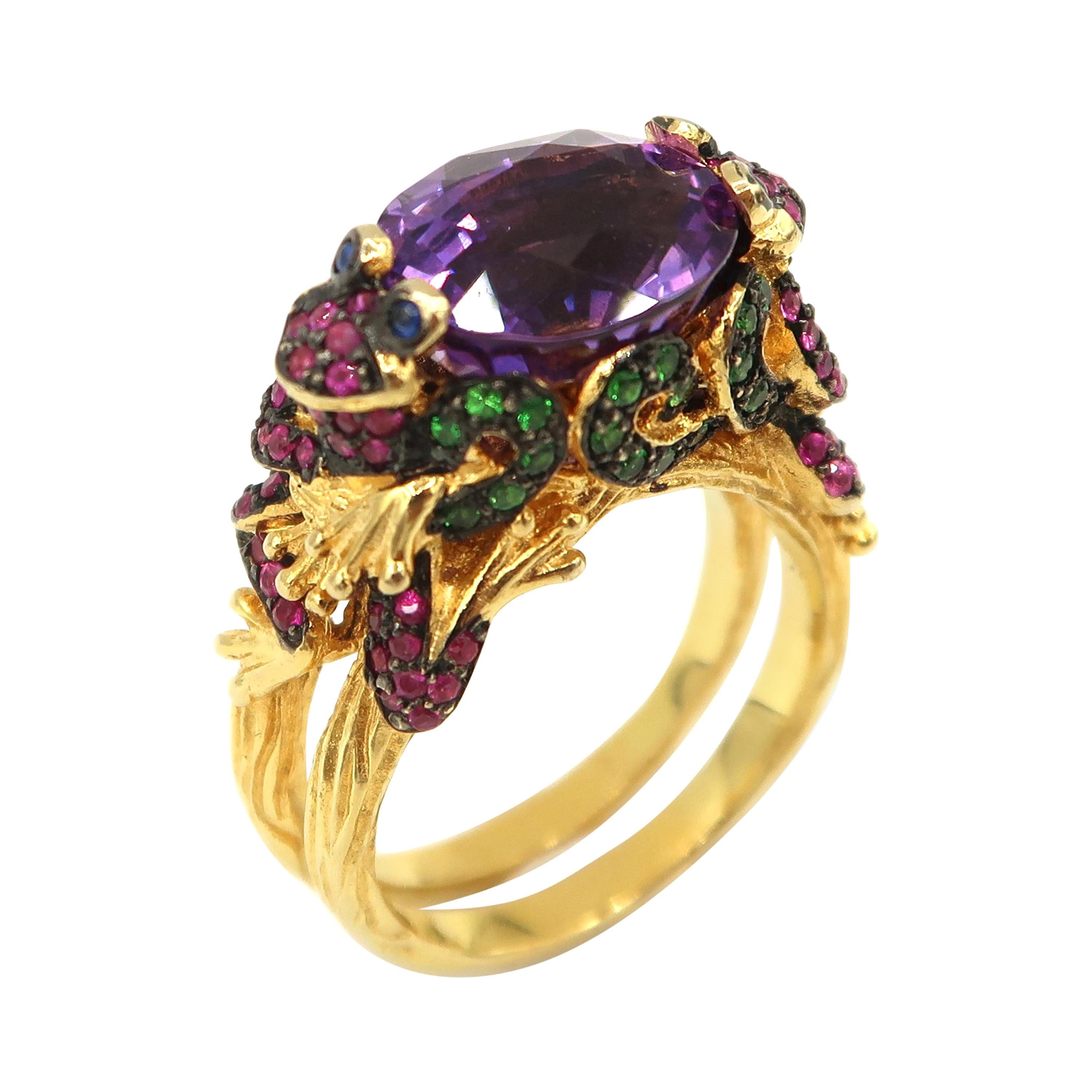 Frog Prince 7.10 Carat Amethyst Pink Sapphire Tsavorite Gold Cocktail Ring For Sale