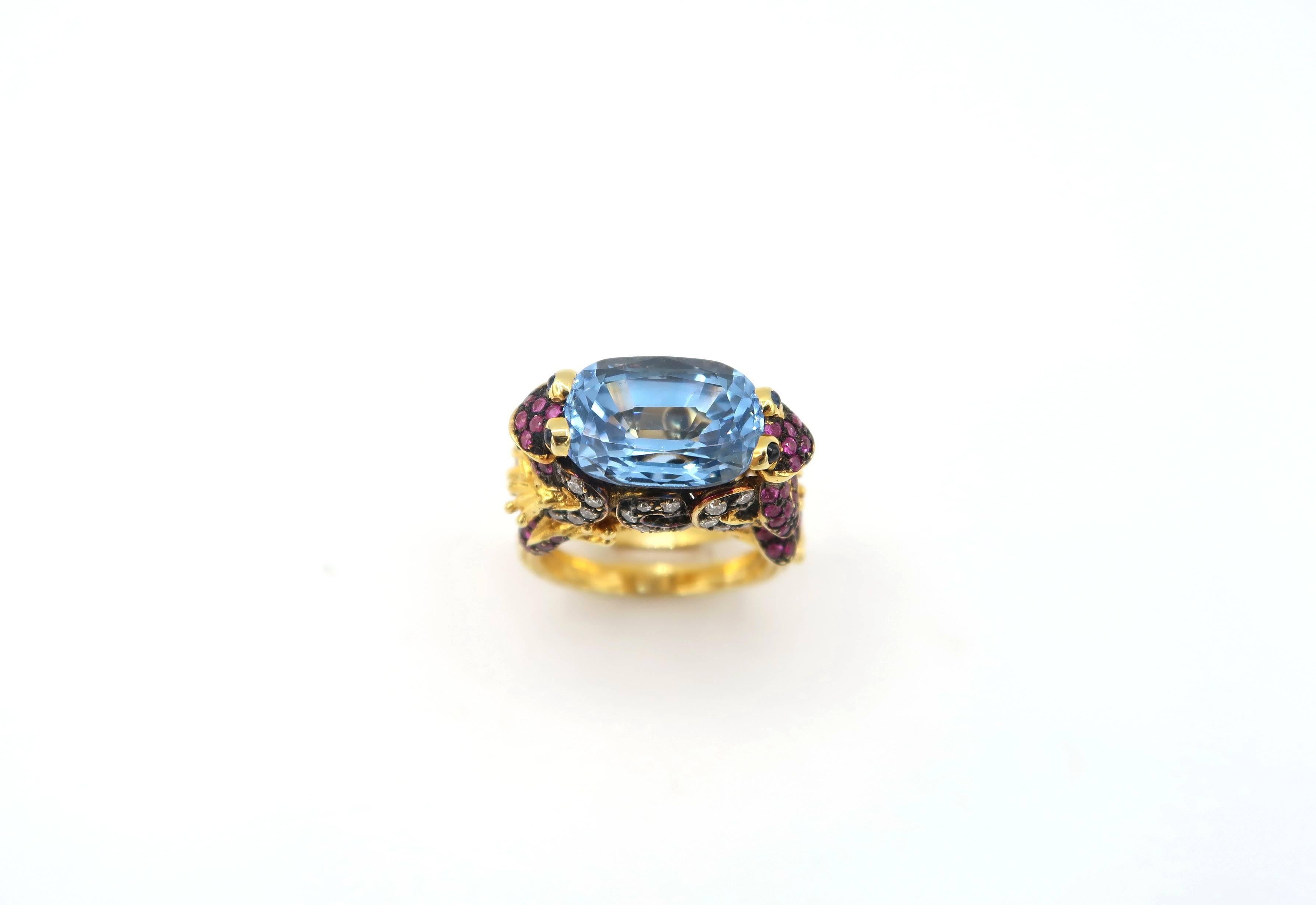 Cushion Cut Frog Prince 7.17 Carat Blue Topaz Pink Blue Sapphire Champagne Diamond Gold Ring For Sale